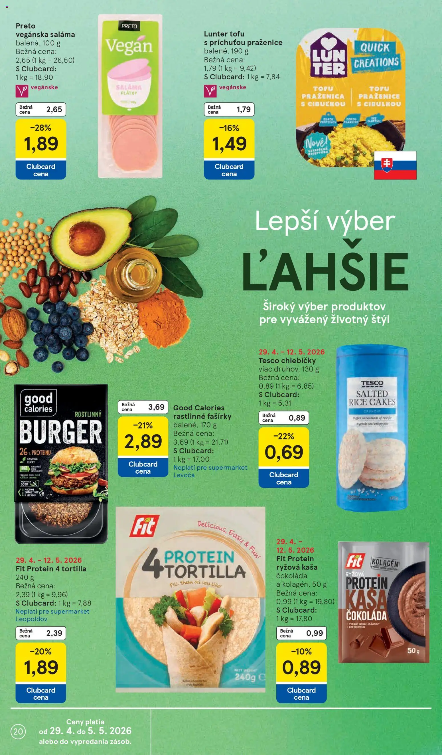 Nové Tesco akcie – leták je platný od 29.04.2026 | Strana: 20 | Produkty: Saláma, Fašírky, Protein, Kolagén