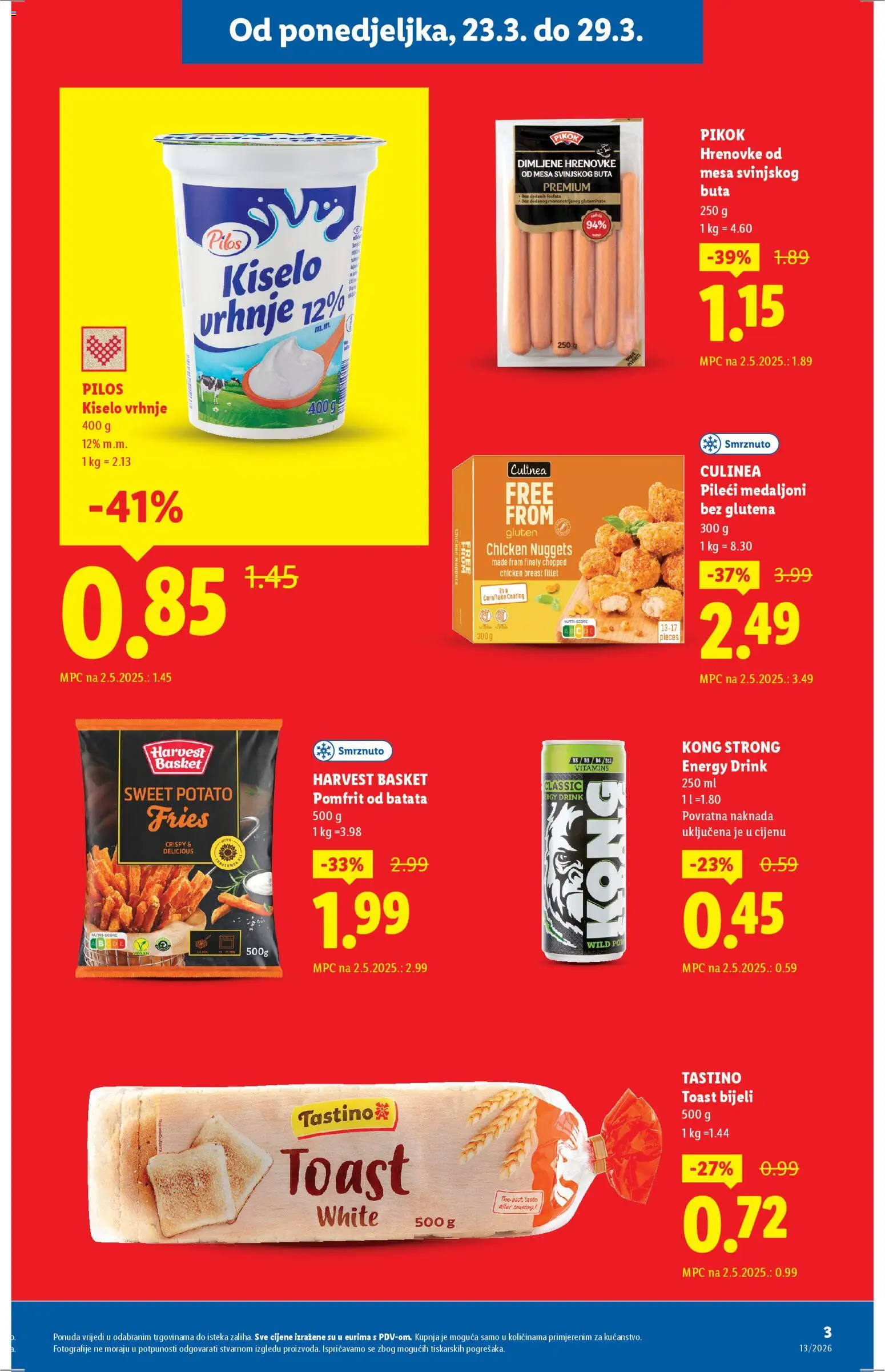 Lidl katalog | vrijedi od 23.03.2026 | Stranica: 3 | Proizvodi: Toast, Hrenovke, Kiselo vrhnje, Pomfrit