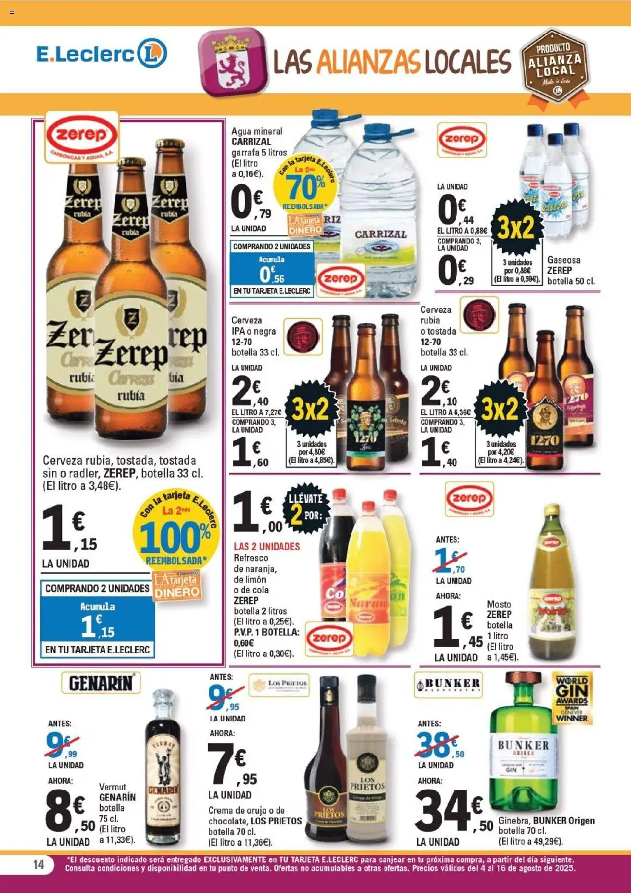 E.Leclerc folleto │ válido desde el 04.08.2025 | Página: 14 | Productos: Cerveza, Crema, Agua mineral, Gaseosa