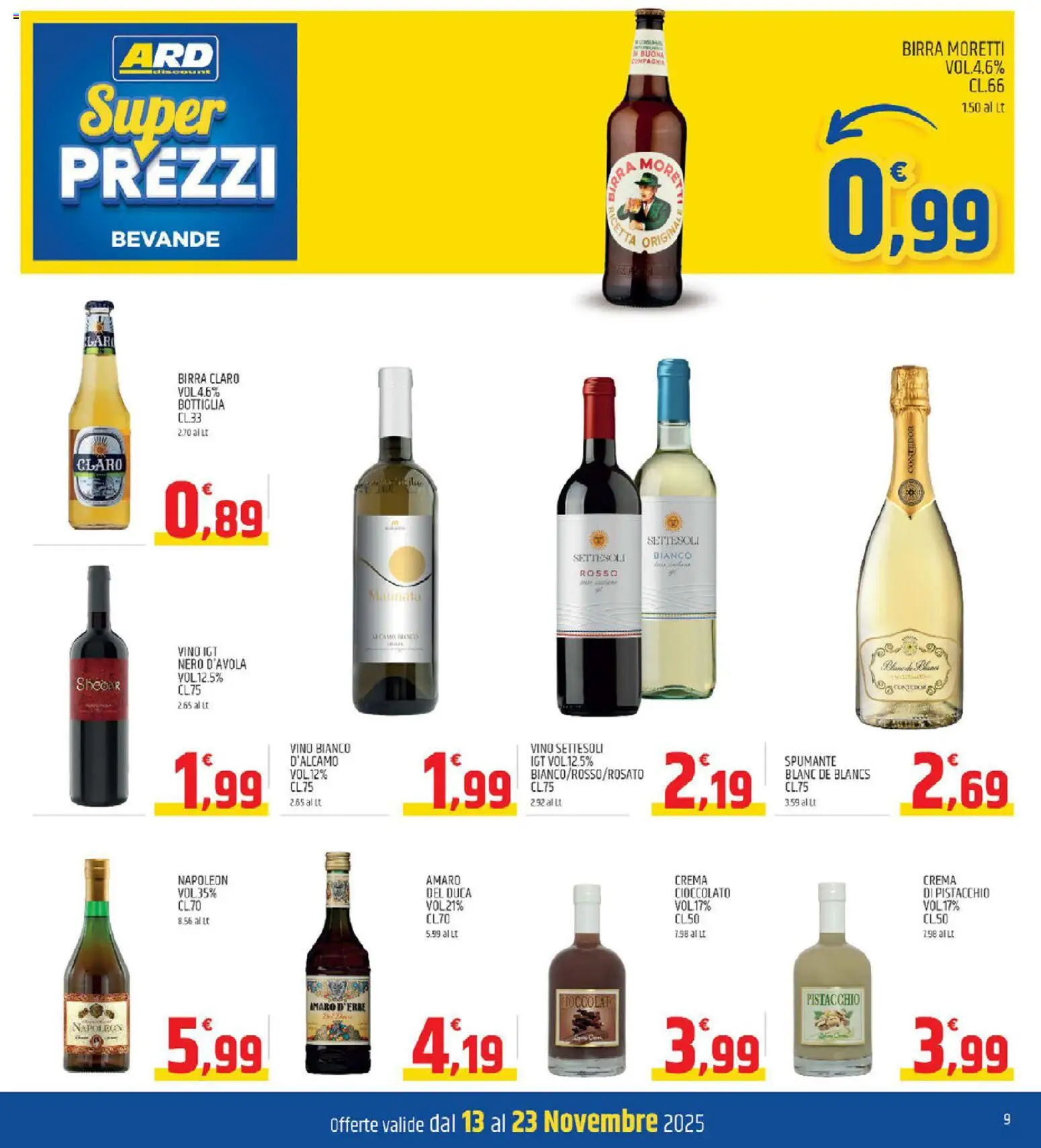 Volantino ARD Discount del 13.11.2025 | Pagina: 9 | Prodotti: Birra, Birra Moretti, Vino bianco, Amaro