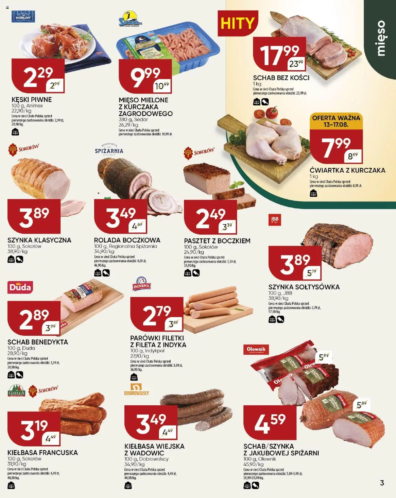 Chata Polska Gazetka od 13.08.2025 | Strona: 3 | Produkty: Schab, Mięso mielone, Parówki, Szynka