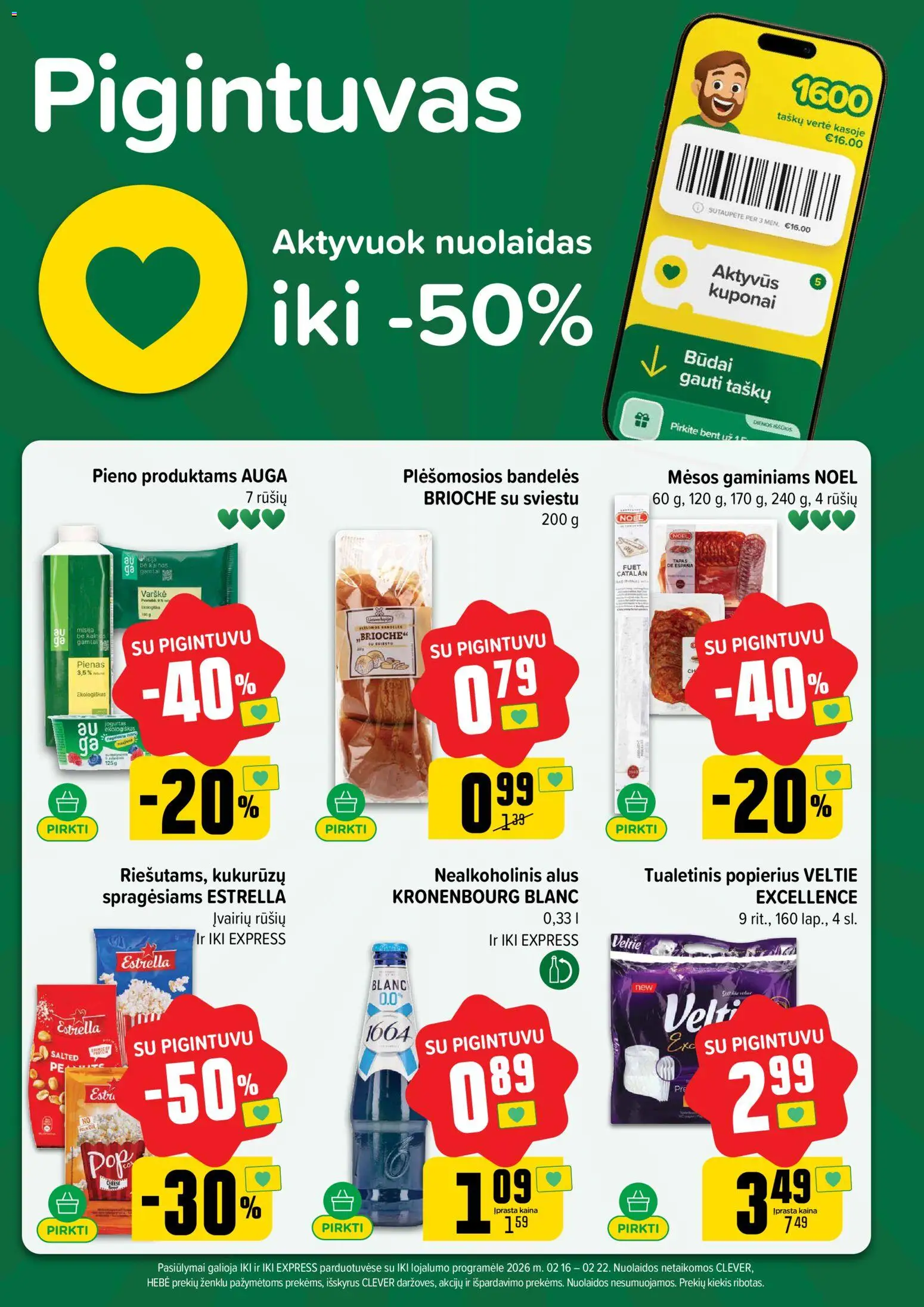 IKI akcijos nuo 16.02.2026 | Puslapis: 11 | Prekių: Nealkoholinis alus, Pienas, Varškė, Tualetinis popierius
