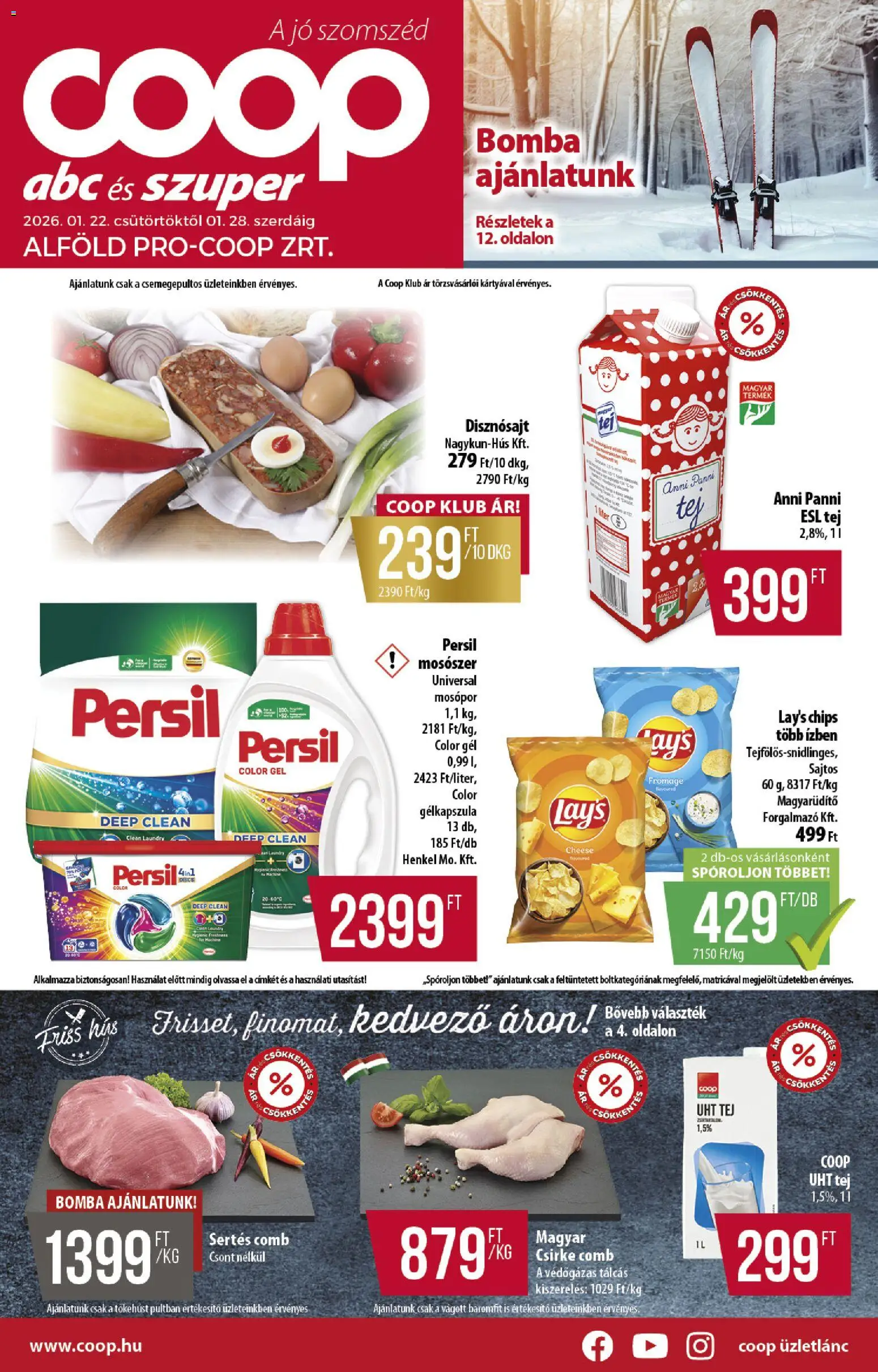 COOP akciós ujság - amely érvényes a következő dátumtól: 22.01.2026 | Oldal: 1 | Termékek: Persil, Chips, Tej, Mosószer