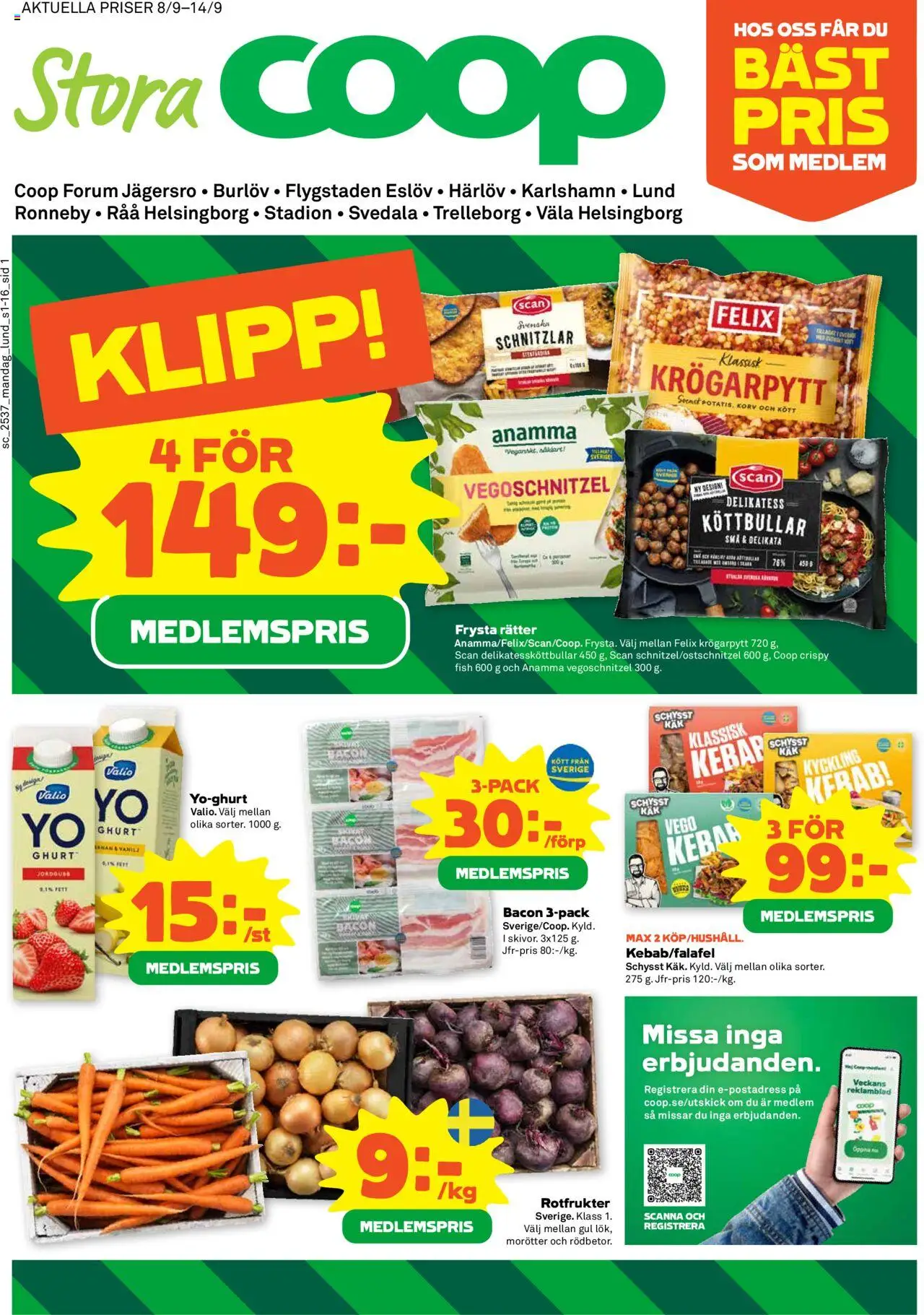 Stora Coop reklamblad aktuell från 08.09.2025 | Sida: 1 | Produkter: Köttbullar, Bacon, Yoghurt