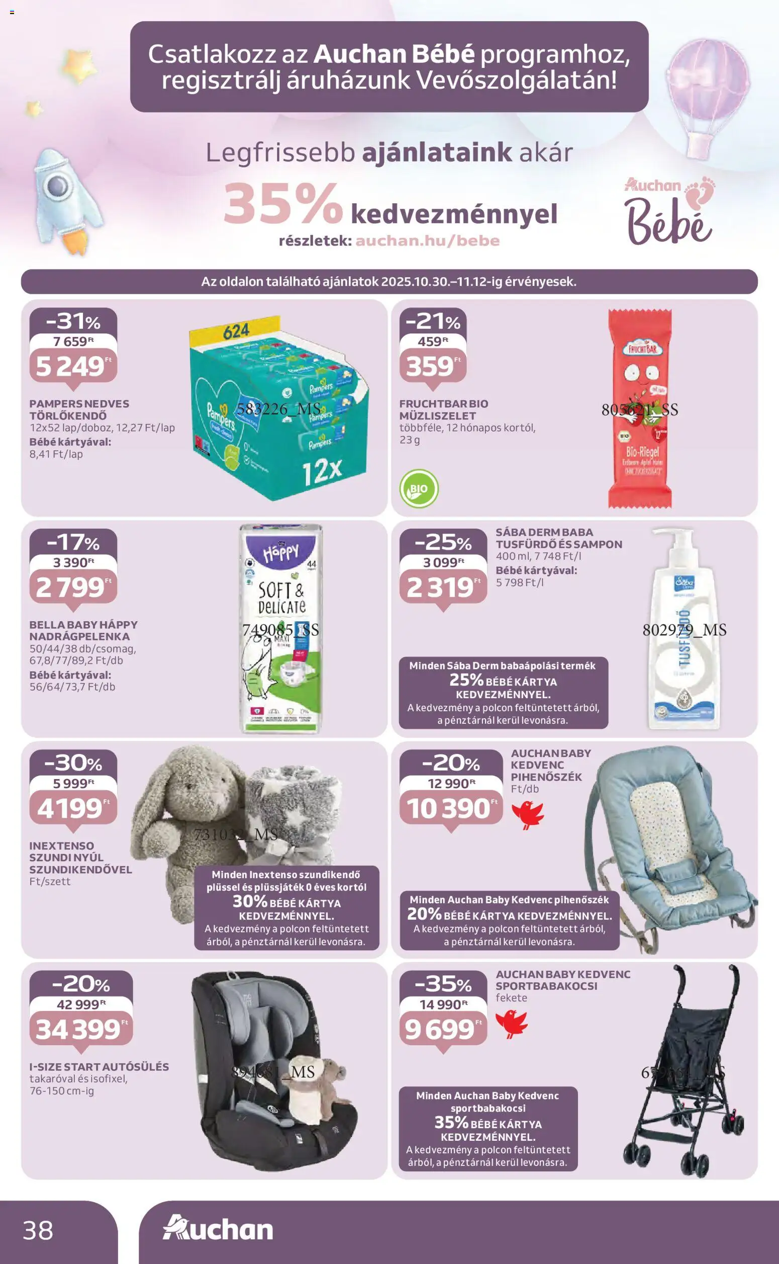 Auchan akciós ujság - amely érvényes a következő dátumtól: 30.10.2025 | Oldal: 38 | Termékek: Pampers, Sampon, Tusfürdő, Müzliszelet