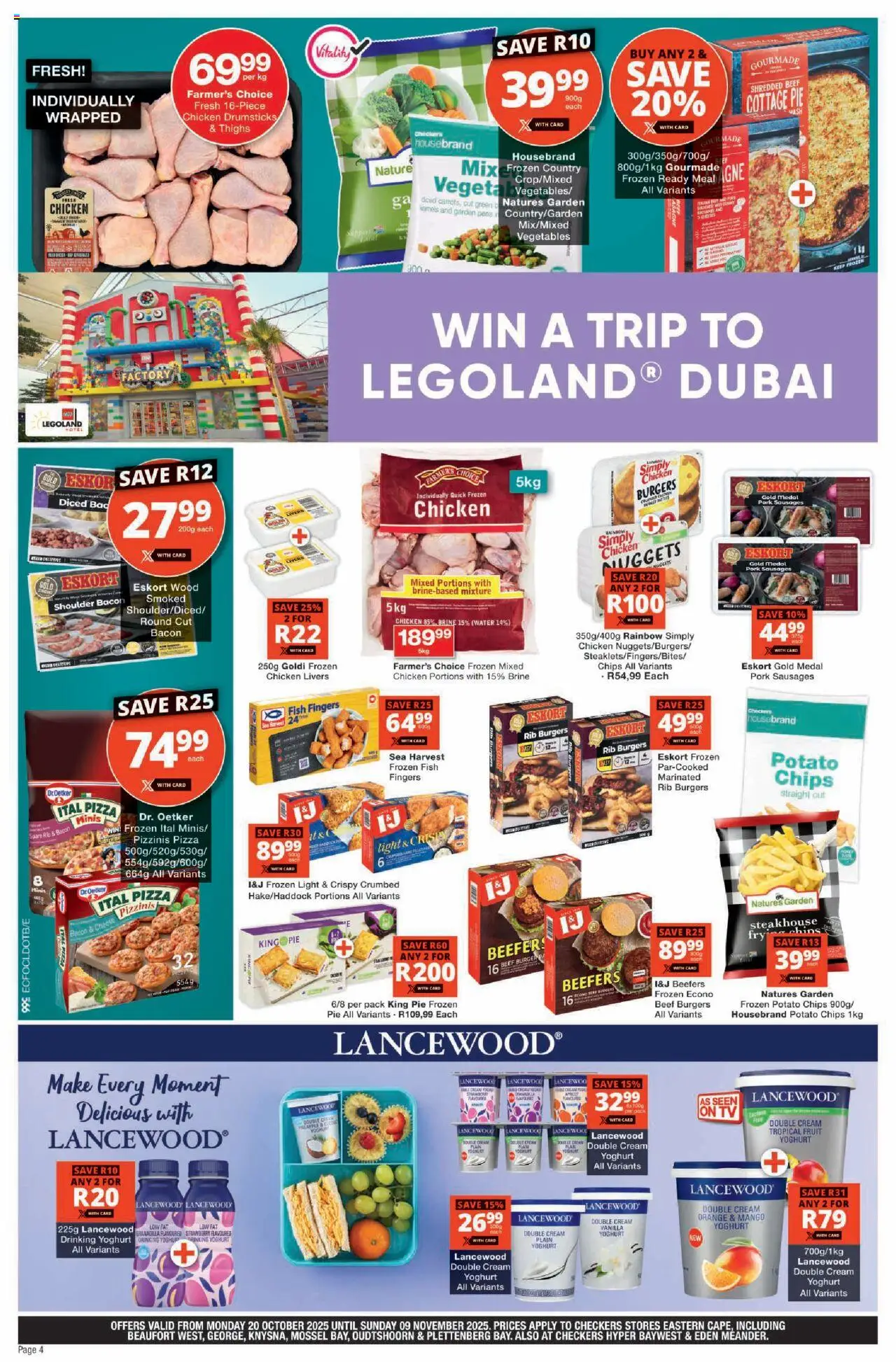 New Checkers catalogue – valid from 20.10.2025 | Page: 4 | Products: Chicken, Burgers, Water, Fruit