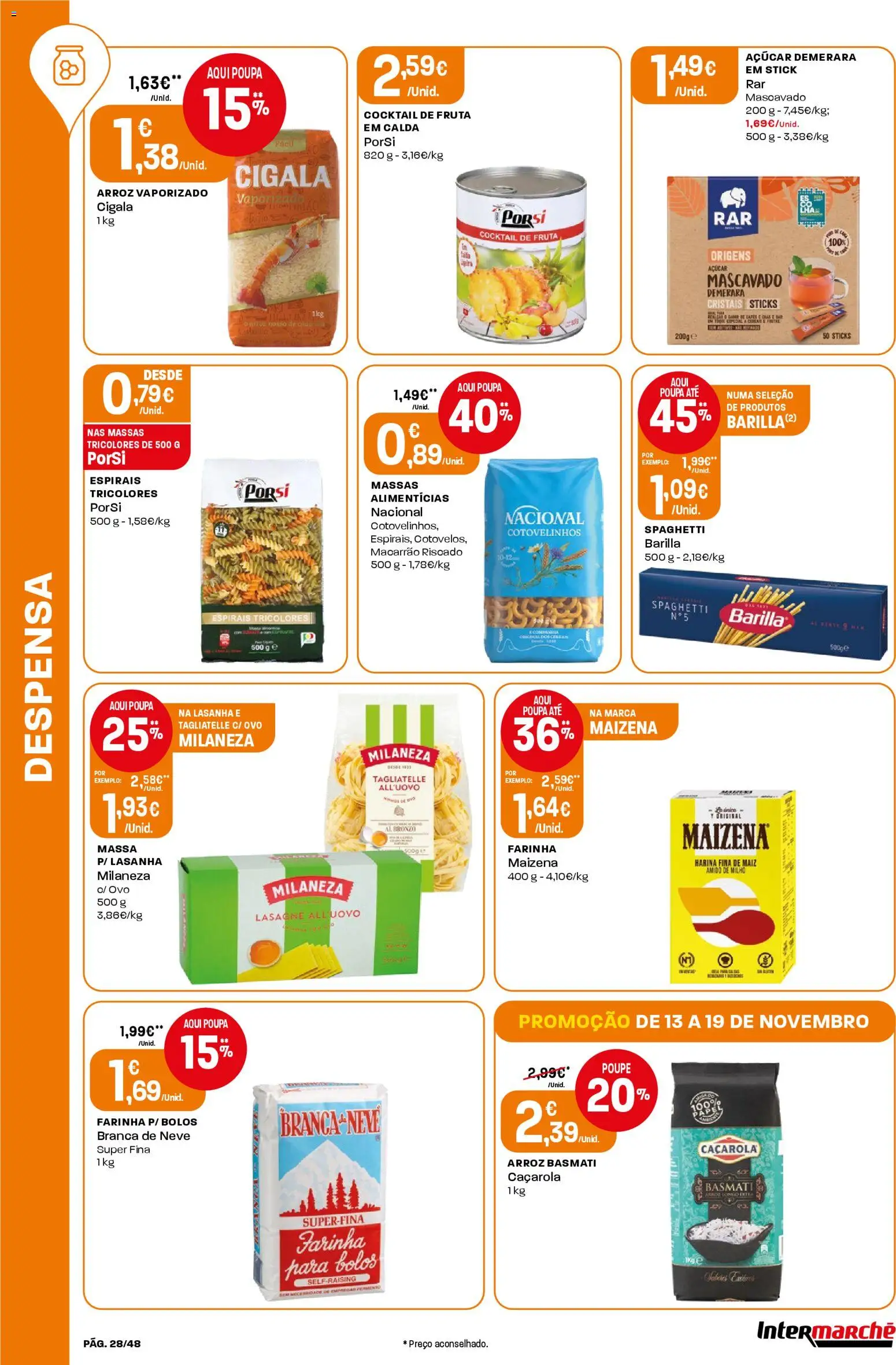 Intermarché folheto │ válido de 13.11.2025 | Página: 28 | Produtos: Arroz basmati, Arroz, Macarrão, Massa