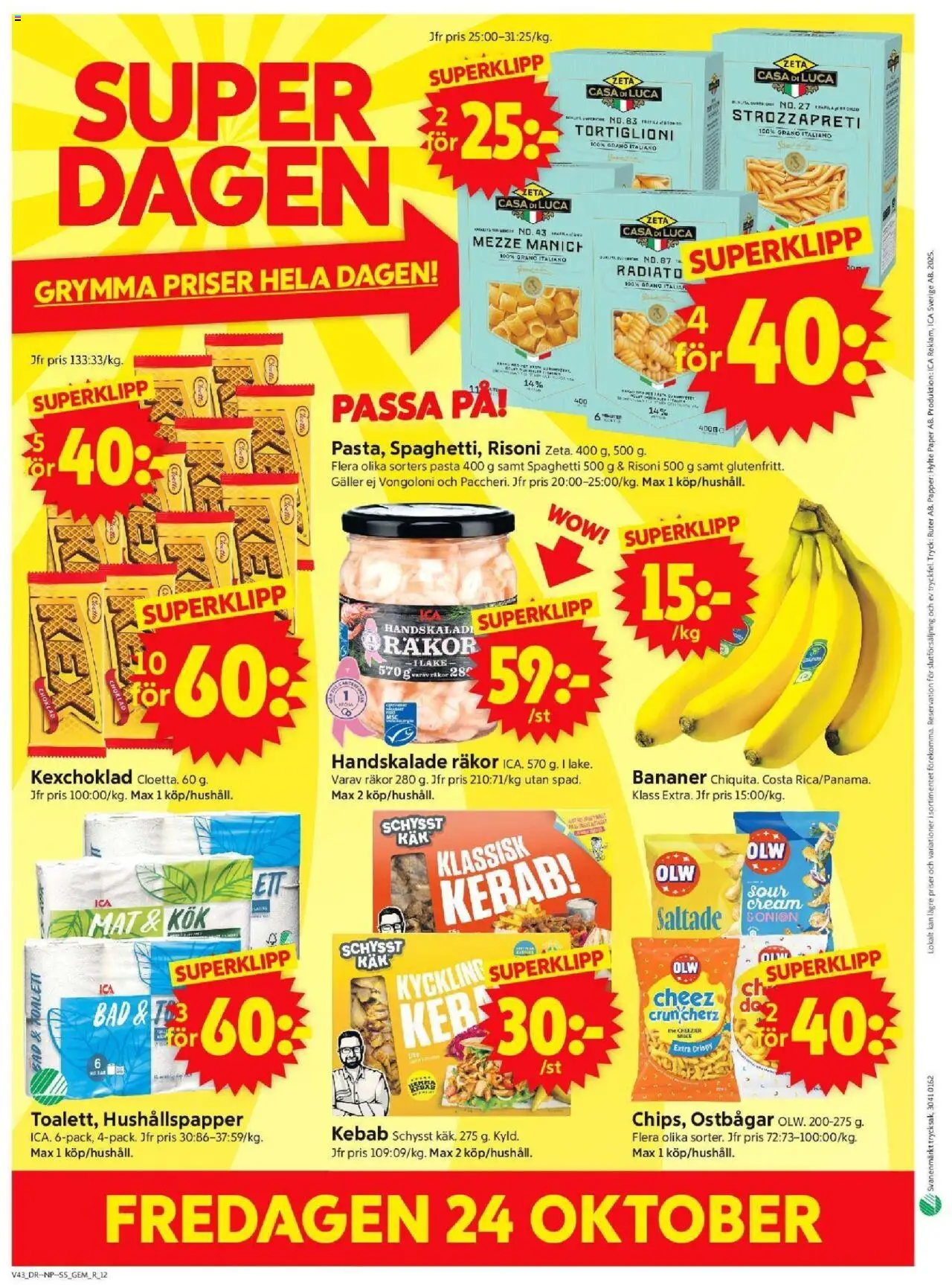 ICA Supermarket reklamblad aktuell från 20.10.2025 | Sida: 14 | Produkter: Räkor, Spaghetti, Papper, Pasta