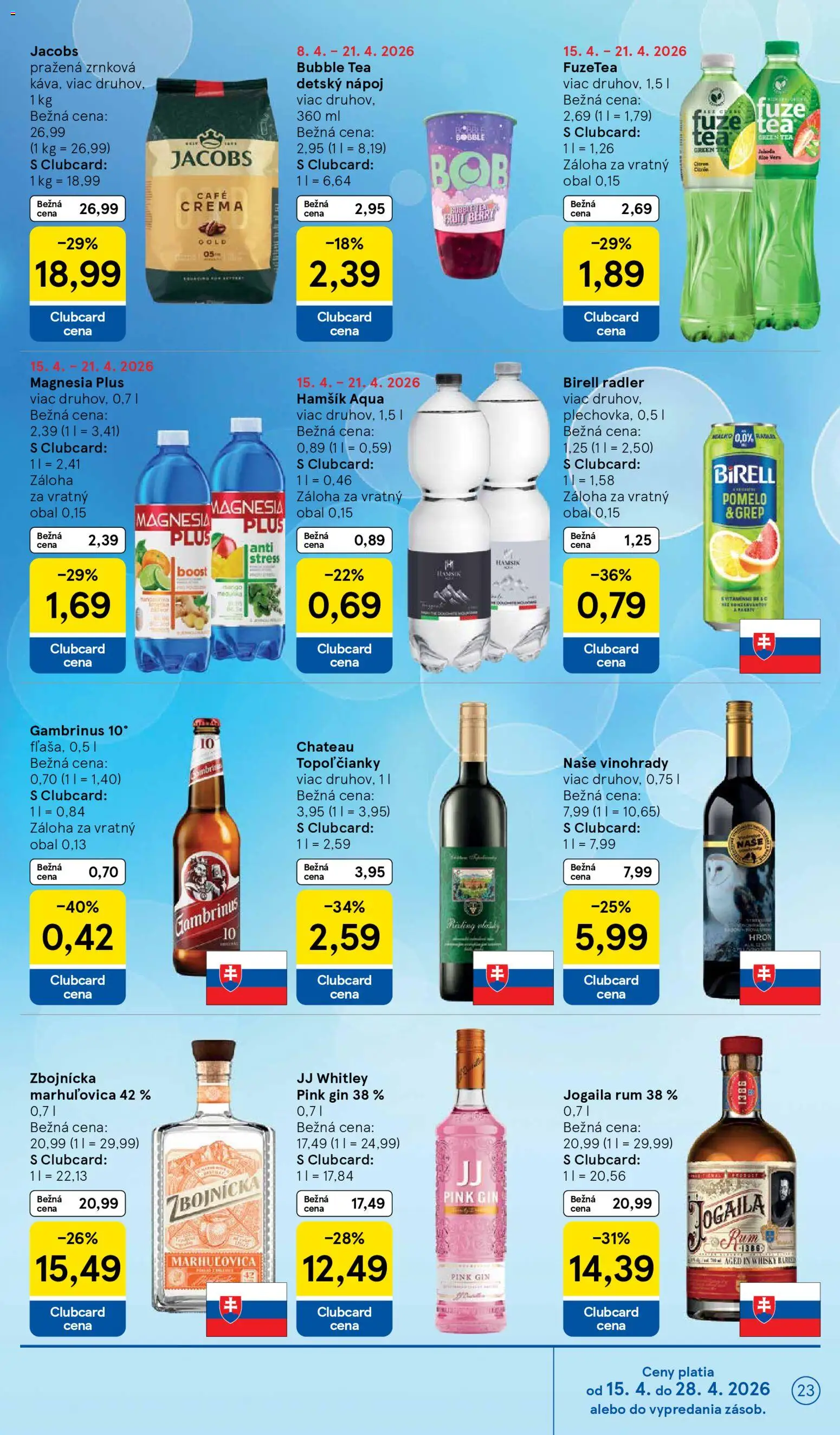 Nové Tesco akcie – leták je platný od 15.04.2026 | Strana: 23 | Produkty: Birell, Radler, Gin, Pomelo