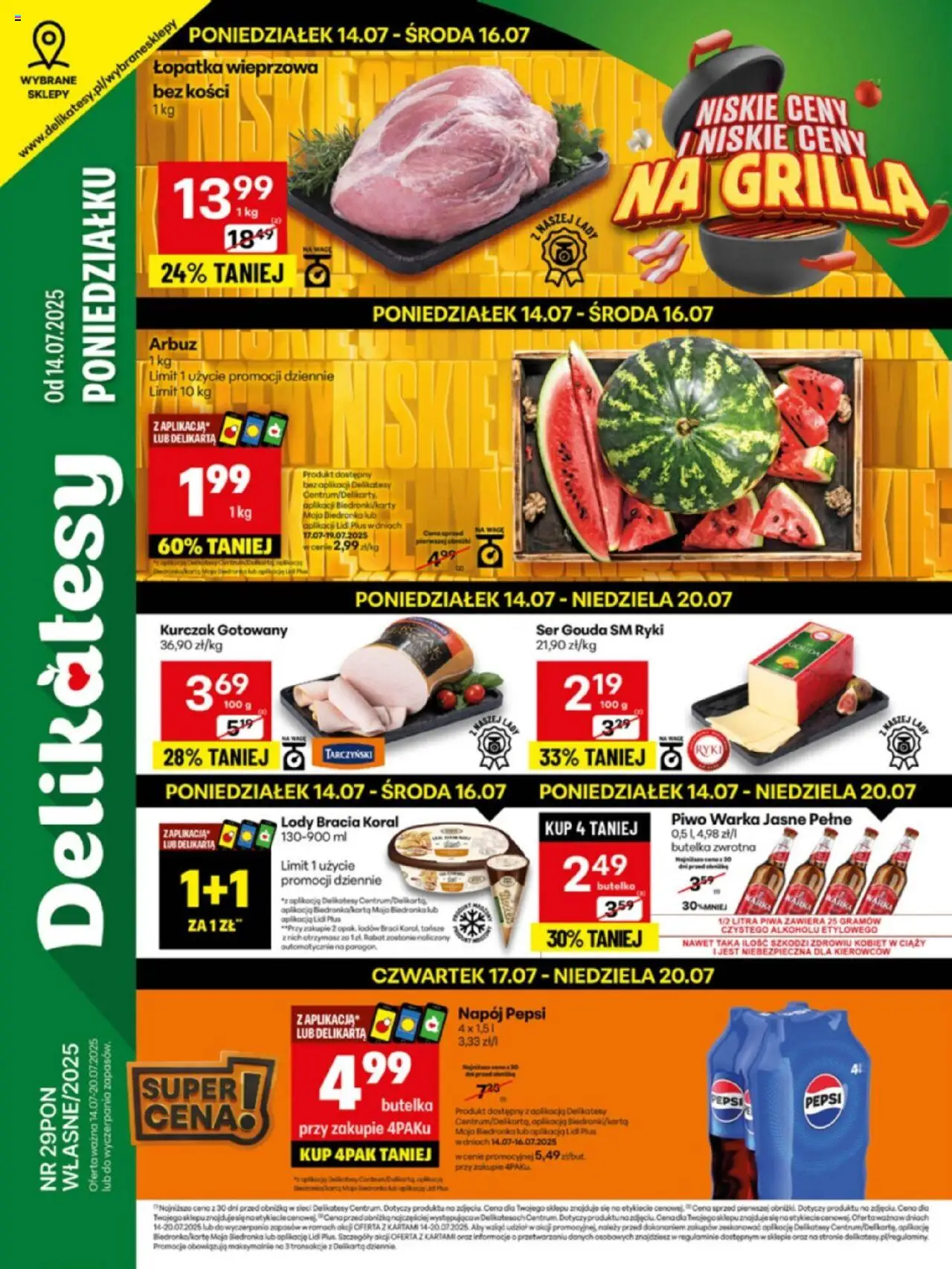 Delikatesy Centrum Gazetka - Sklepy Własne od 14.07.2025 | Strona: 1 | Produkty: Pepsi, Warka, Piwo, Lody