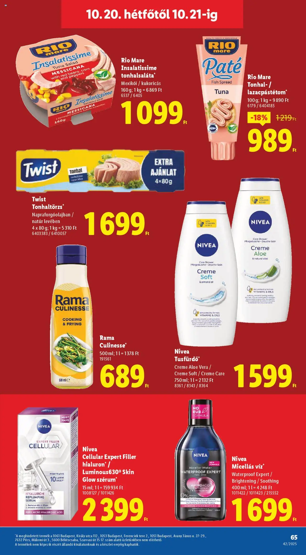 Lidl akciós ujság - amely érvényes a következő dátumtól: 16.10.2025 | Oldal: 65 | Termékek: Tonhal, Rama, Aloe vera, Tea