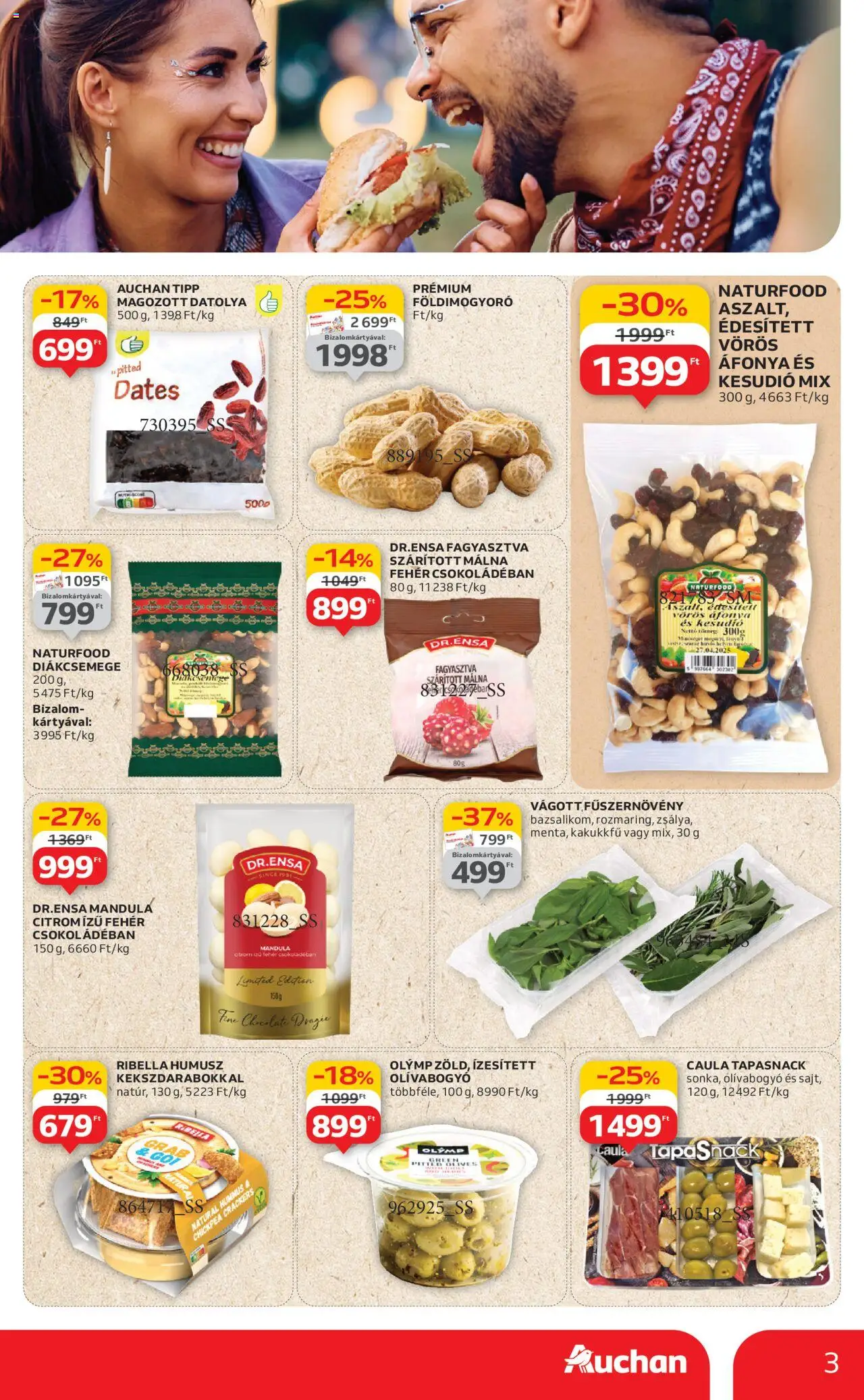 Auchan akciós ujság - amely érvényes a következő dátumtól: 19.06.2025 | Oldal: 3 | Termékek: Málna, Diákcsemege, Mandula, Olívabogyó