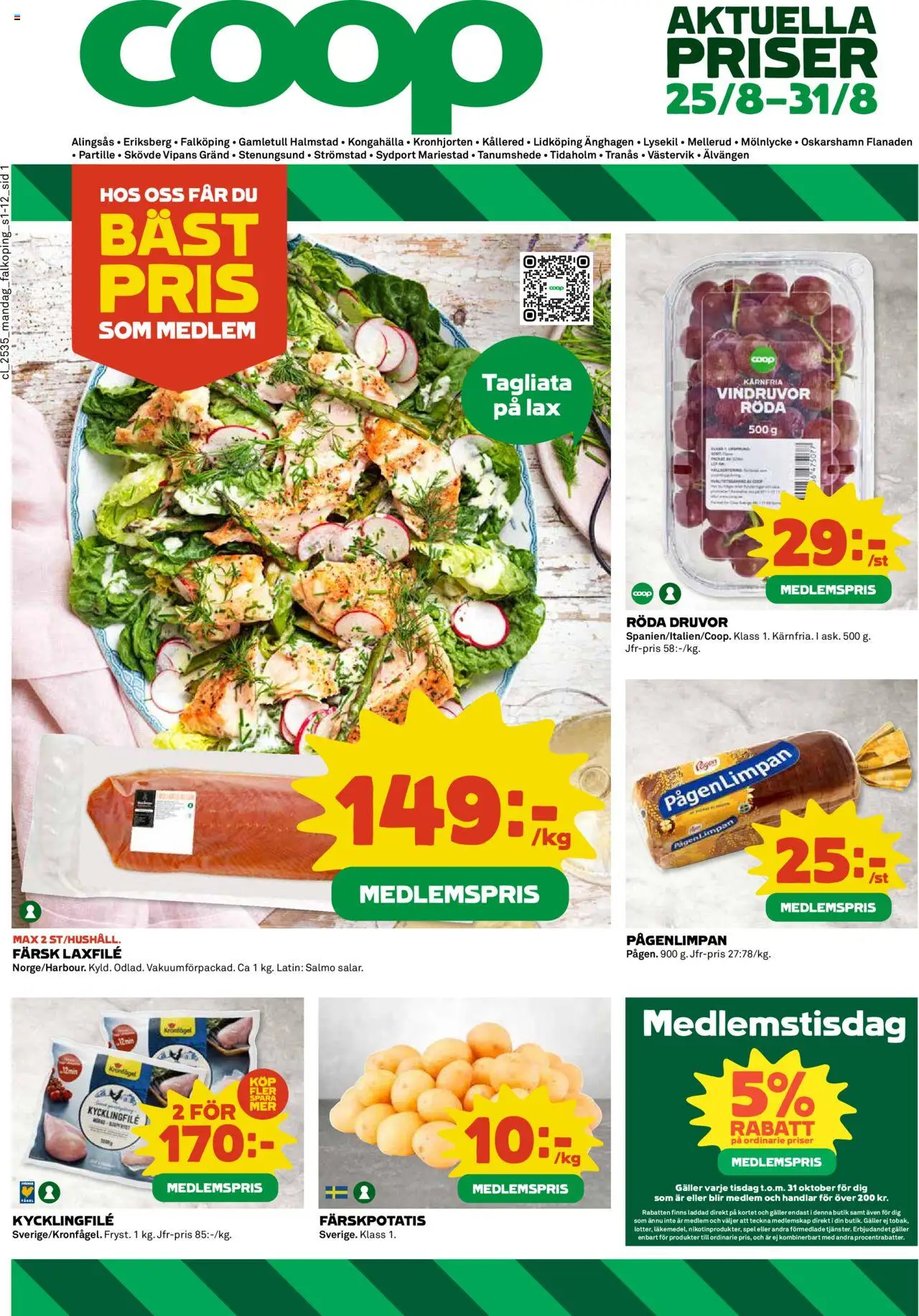 Coop reklamblad aktuell från 25.08.2025 | Sida: 1 | Produkter: Färskpotatis, Vindruvor, Lax, Spel