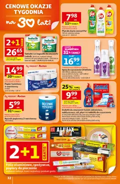 Pogląd oferty "Auchan Gazetka - 30 Lat Hipermarket" - ważna od 26.02.2026 | Strona: 32 | Produkty: Papier toaletowy, Ręcznik papierowy, Kapsułki do zmywarki, Płyn do mycia naczyń