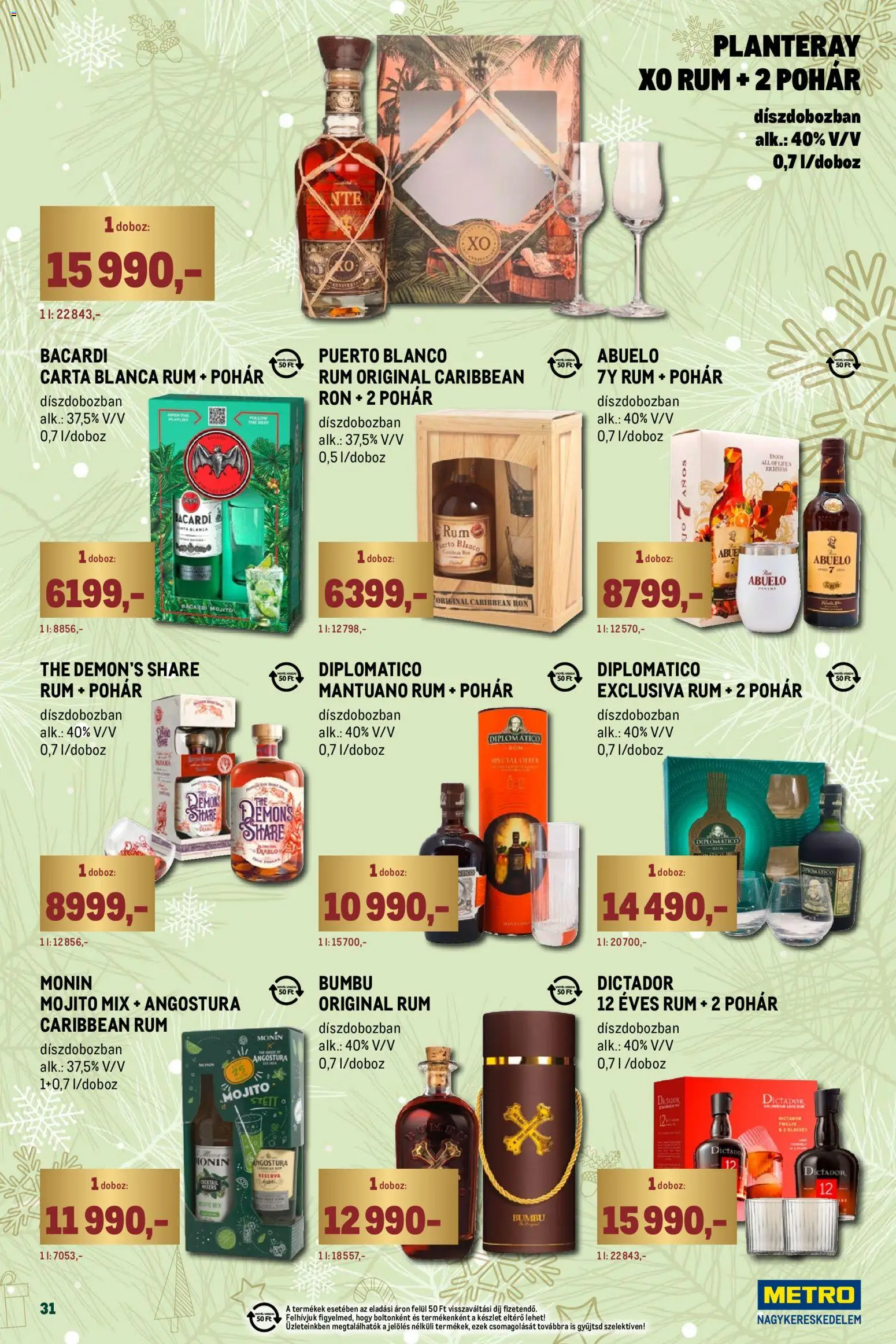 Metro akciós ujság - amely érvényes a következő dátumtól: 01.12.2025 | Oldal: 31 | Termékek: Bacardi, Rum, Doboz, Pohár