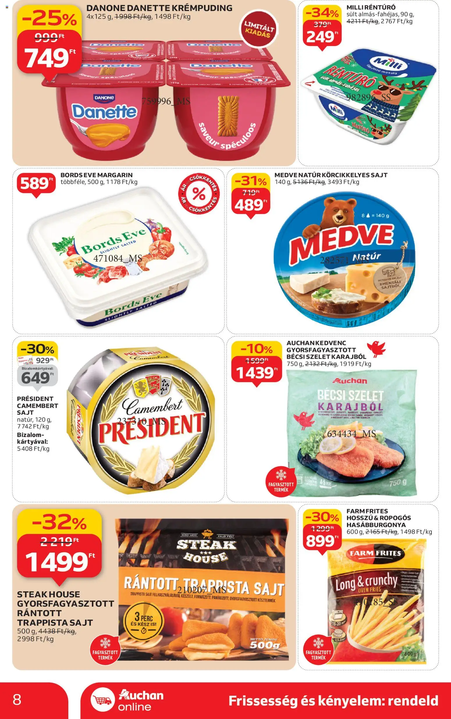 Auchan akciós ujság - amely érvényes a következő dátumtól: 20.11.2025 | Oldal: 8 | Termékek: Margarin, Hasábburgonya, Trappista sajt, Camembert