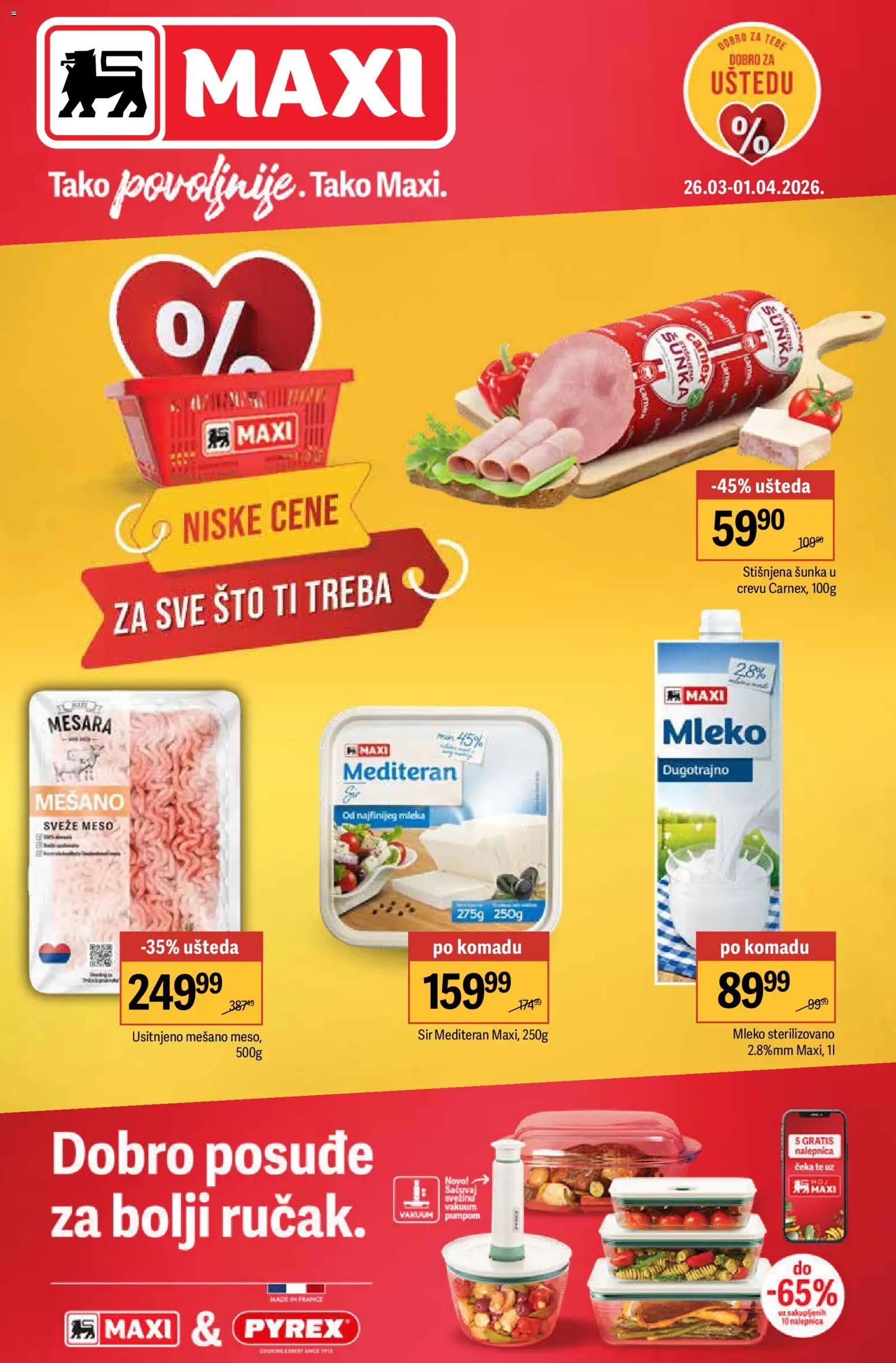 Maxi katalog - važi od 26.03.2026 | Strana: 1 | Proizvode: Sto, Mleko, Sir, Šunka