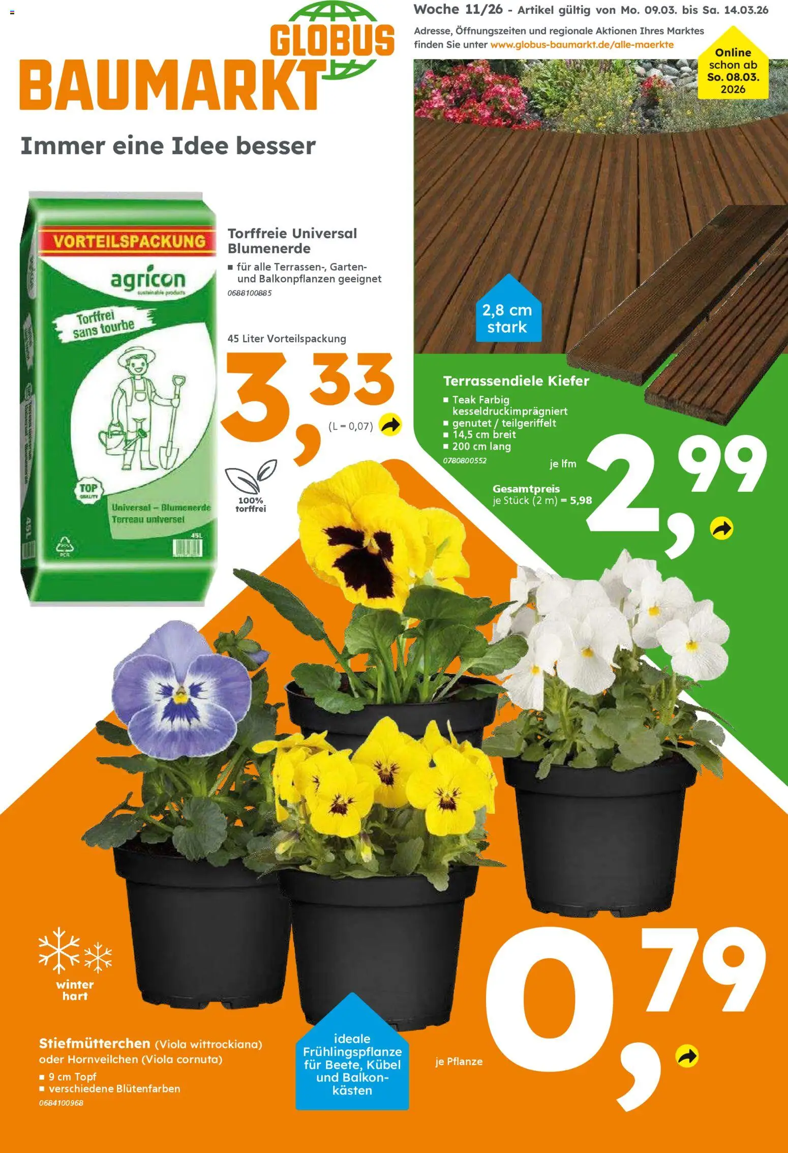 Globus Baumarkt Prospekt Oranienburg-Germendorf	 – gültig ab 09.03.2026 | Seite: 1 | Produkte: Stiefmutterchen, Blumenerde
