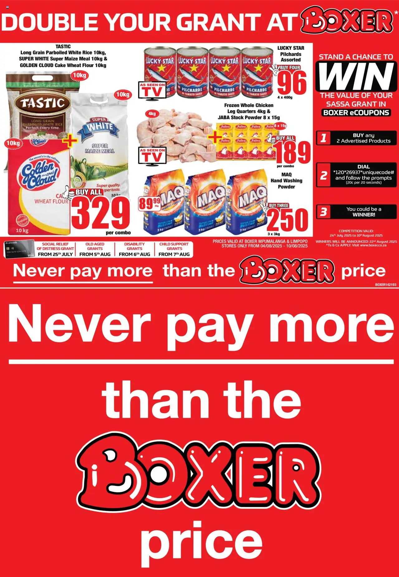 Boxer - Limpopo, Mpumalanga - Weekly Specials │ valid from 04.08.2025 | Page: 1 | Products: Maize meal, Powder, Stock, Washing powder