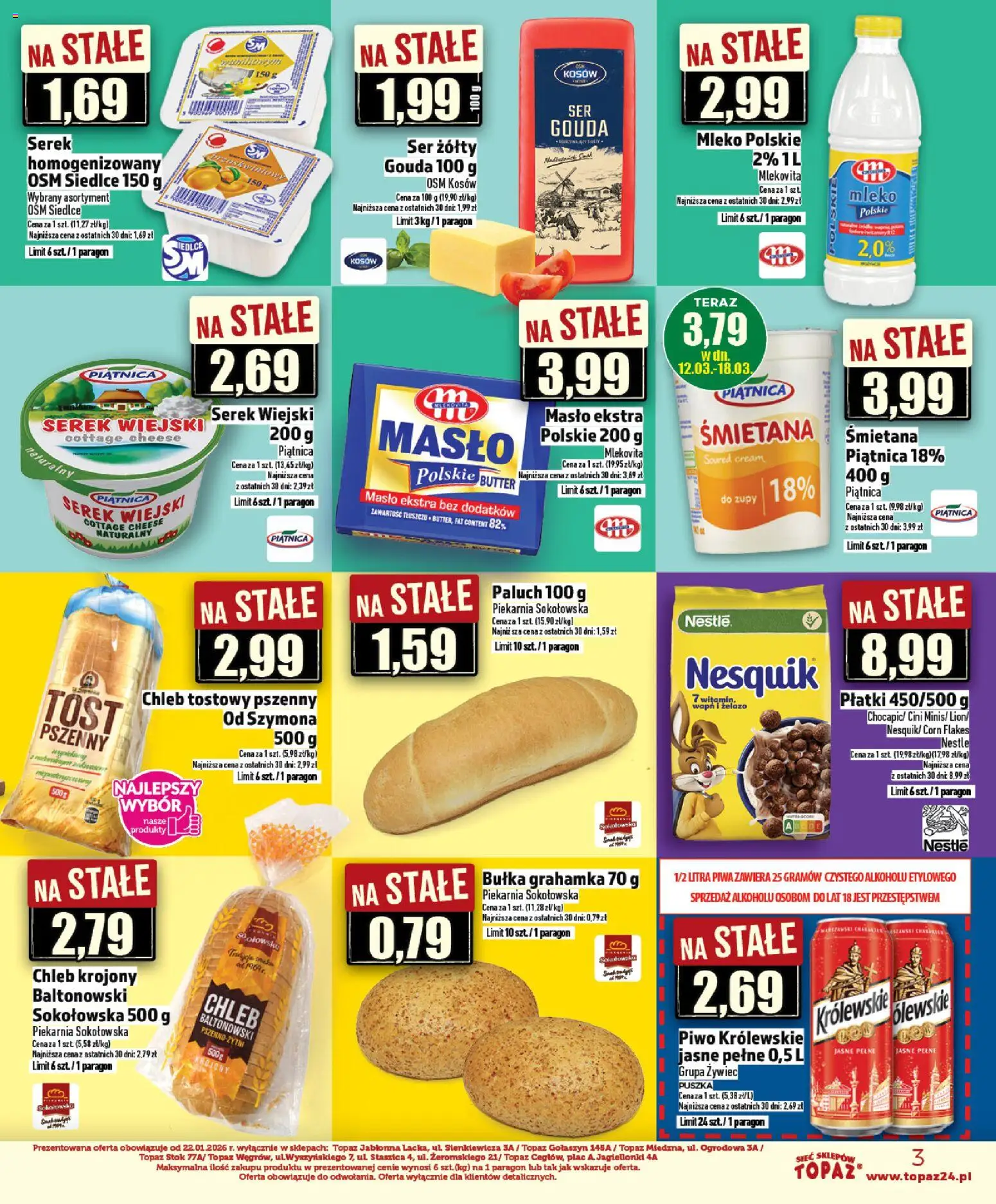 Topaz gazetka - Ceny małe na stałe od 12.03.2026 | Strona: 3 | Produkty: Masło Polskie, Chleb tostowy, Bułka, Masło