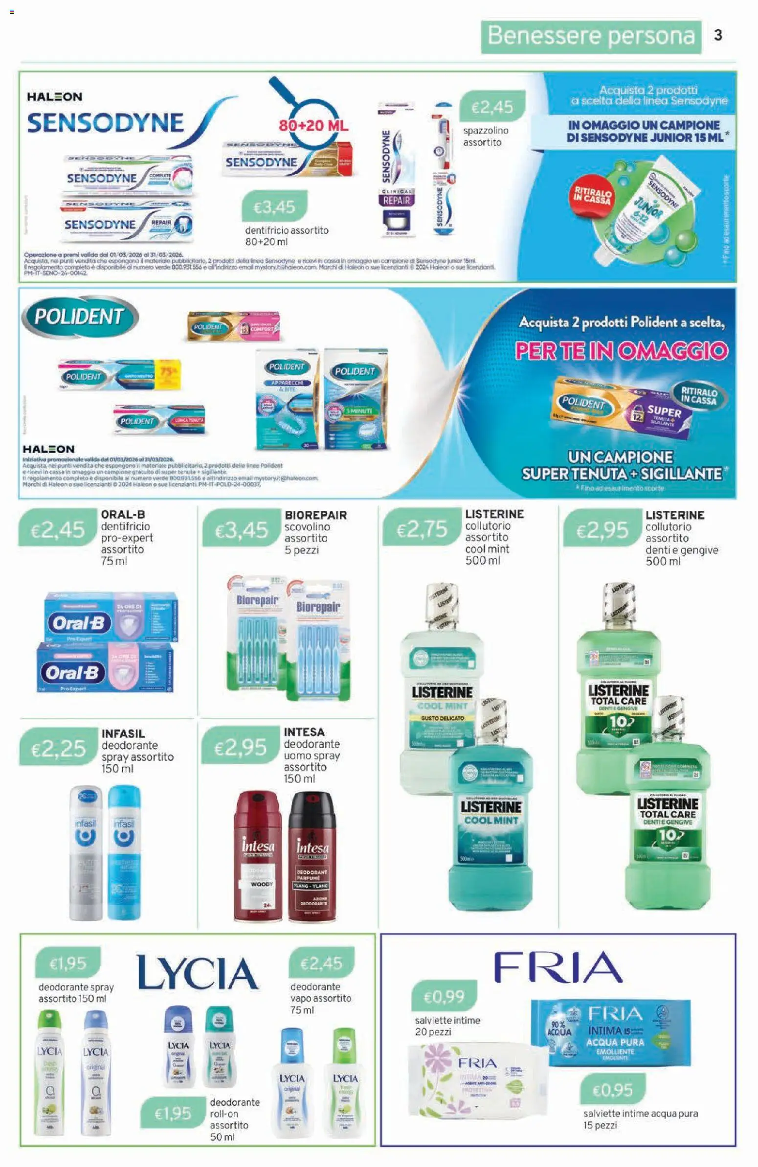 Volantino Sirene Blu del 03.03.2026 | Pagina: 3 | Prodotti: Deodorante, Spazzolino, Tè, Acqua