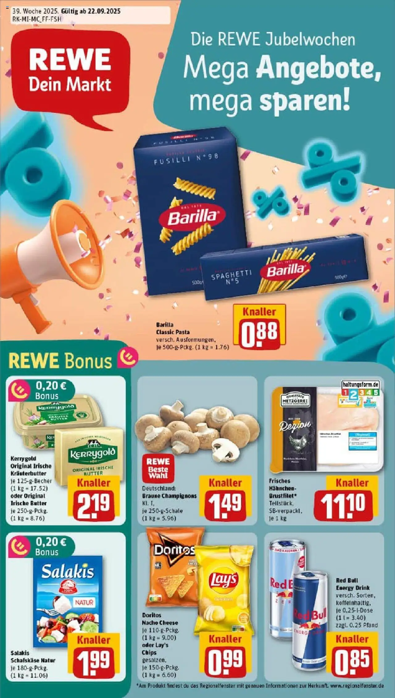 Rewe prospekt Frankfurt / Westend-Nord	 – gültig ab 21.09.2025 | Seite: 1 | Produkte: Red bull, Kräuterbutter, Salakis, Pasta