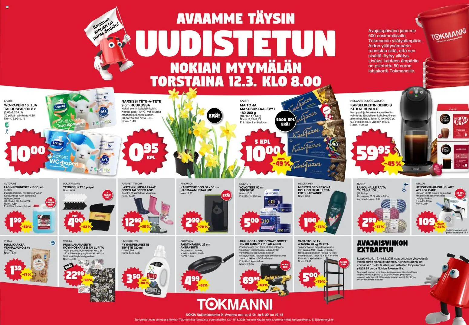 Tokmanni tarjoukset - Nokian Myymälän – voimassa 12.03.2026 alkaen | Sivu: 1 | Tuotteet: Vehnäjauho, Akku, Maito, Kumisaappaat