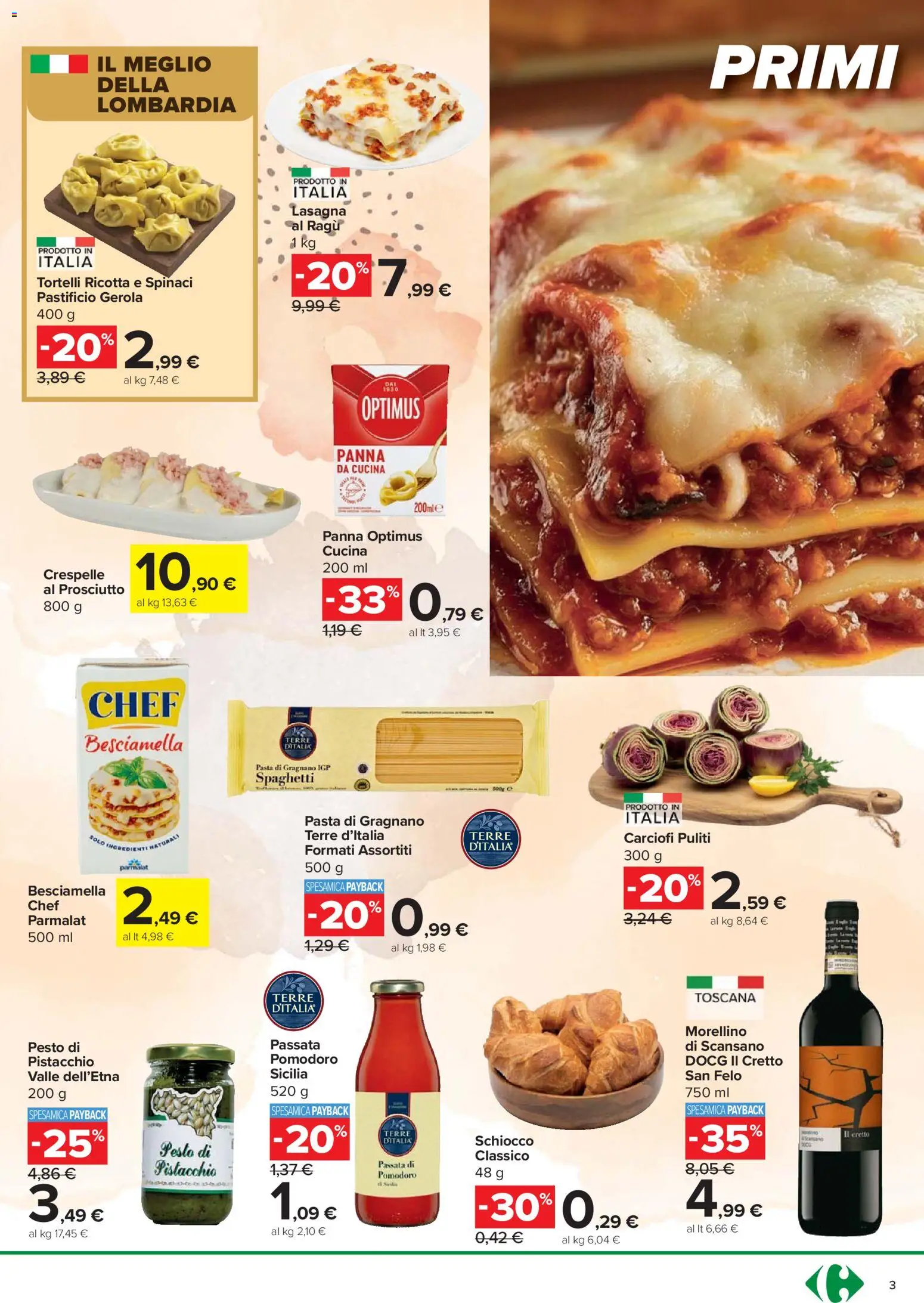 Volantino Carrefour del 24.03.2026 | Pagina: 3 | Prodotti: Panna, Pomodoro, Carciofi, Tortelli