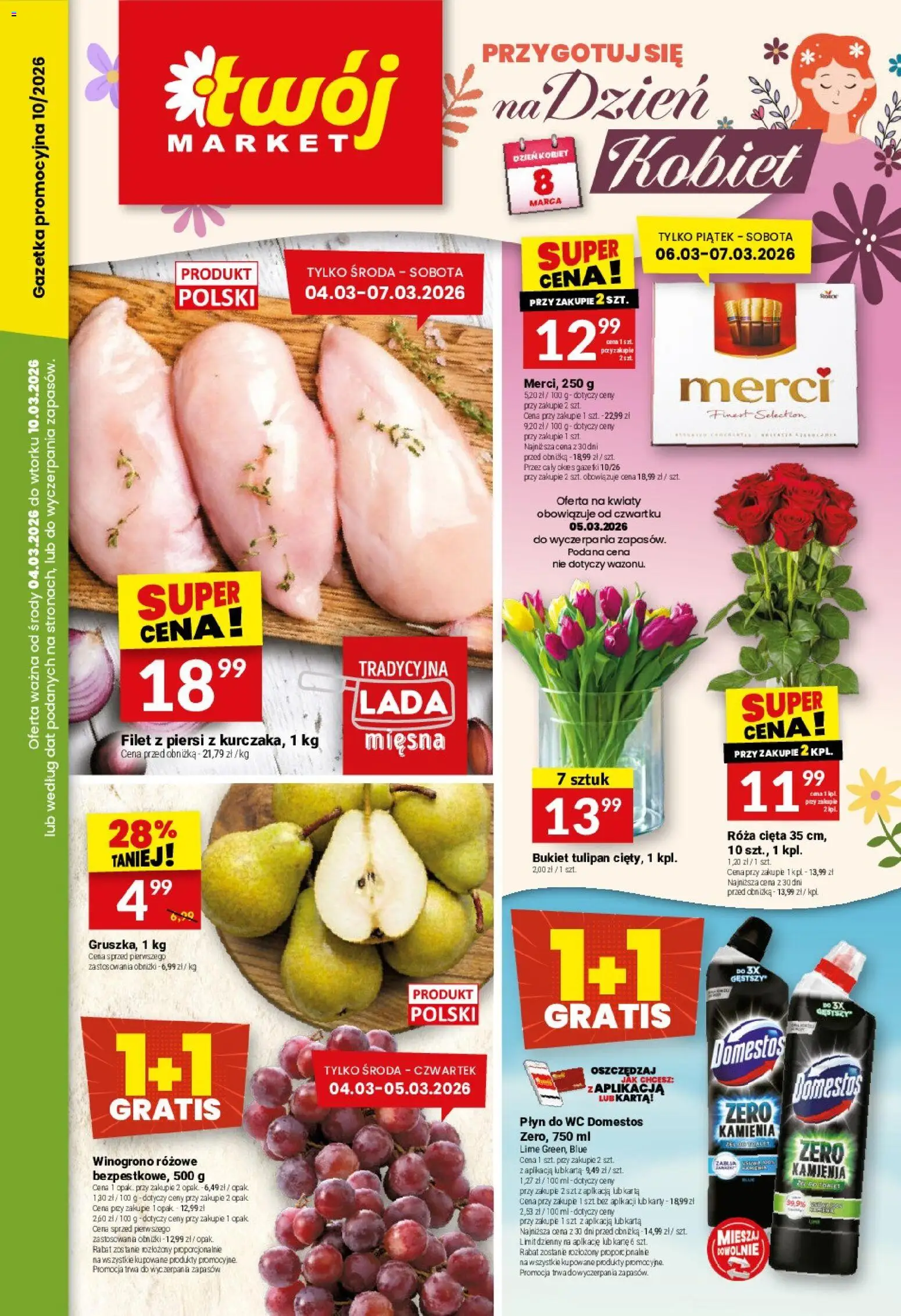 Twój Market gazetka od 04.03.2026 | Strona: 1 | Produkty: Karta, Merci, Domestos, Kwiaty