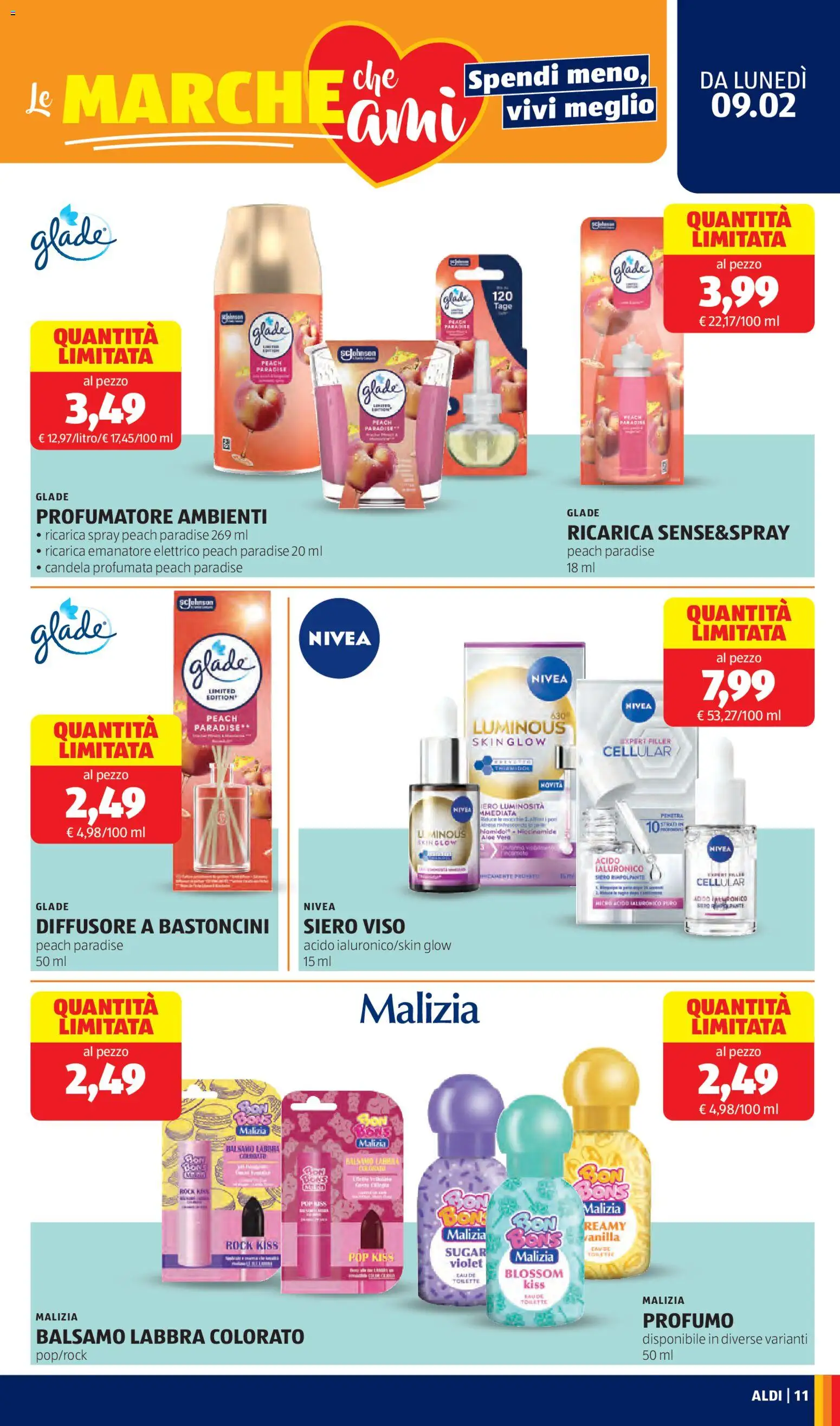 Volantino Aldi del 09.02.2026 | Pagina: 11 | Prodotti: Profumatore ambienti, Aloe vera, Candela, Profumo