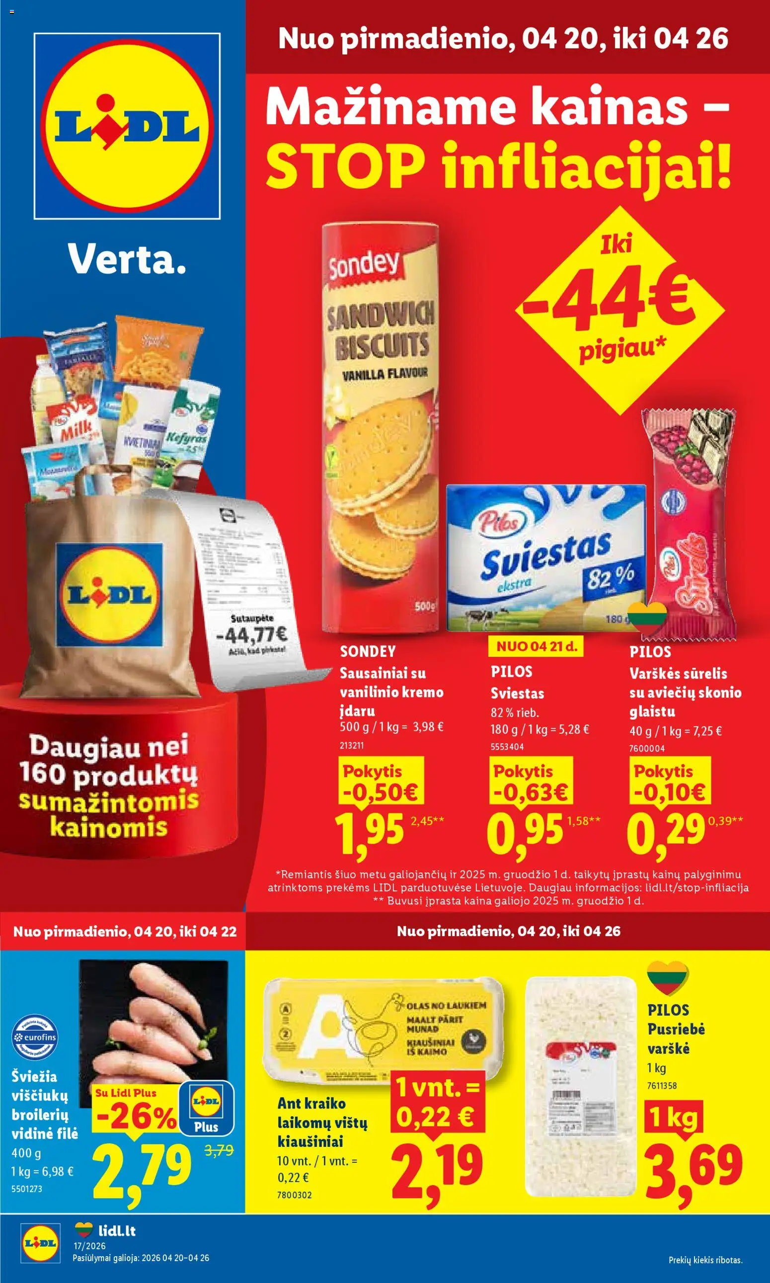 LIDL akcijos nuo 20.04.2026 | Puslapis: 1 | Prekių: Sausainiai, Kiaušiniai, Sviestas, Varškė