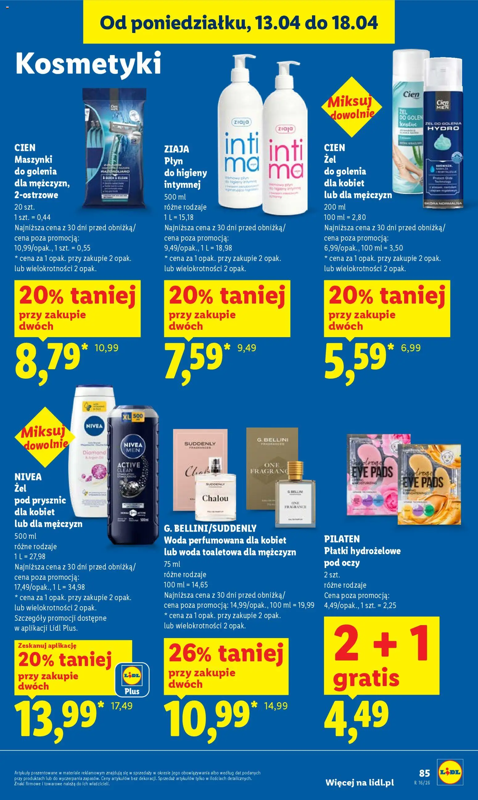 Lidl gazetka od 16.04.2026 | Strona: 85 | Produkty: Woda toaletowa, Płatki, Żel pod prysznic, Płyn do higieny intymnej