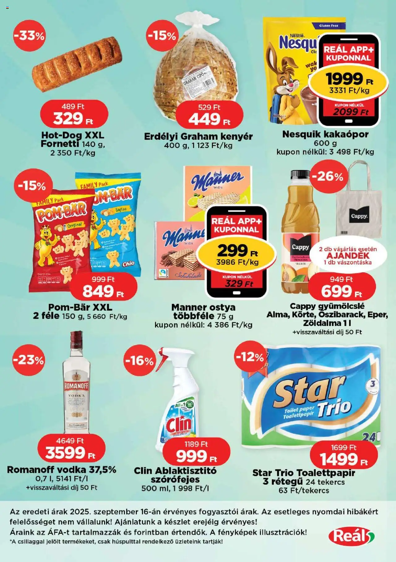 Reál akciós ujság - amely érvényes a következő dátumtól: 25.09.2025 | Oldal: 2 | Termékek: Nesquik, Kenyér, Vodka, Kakaópor