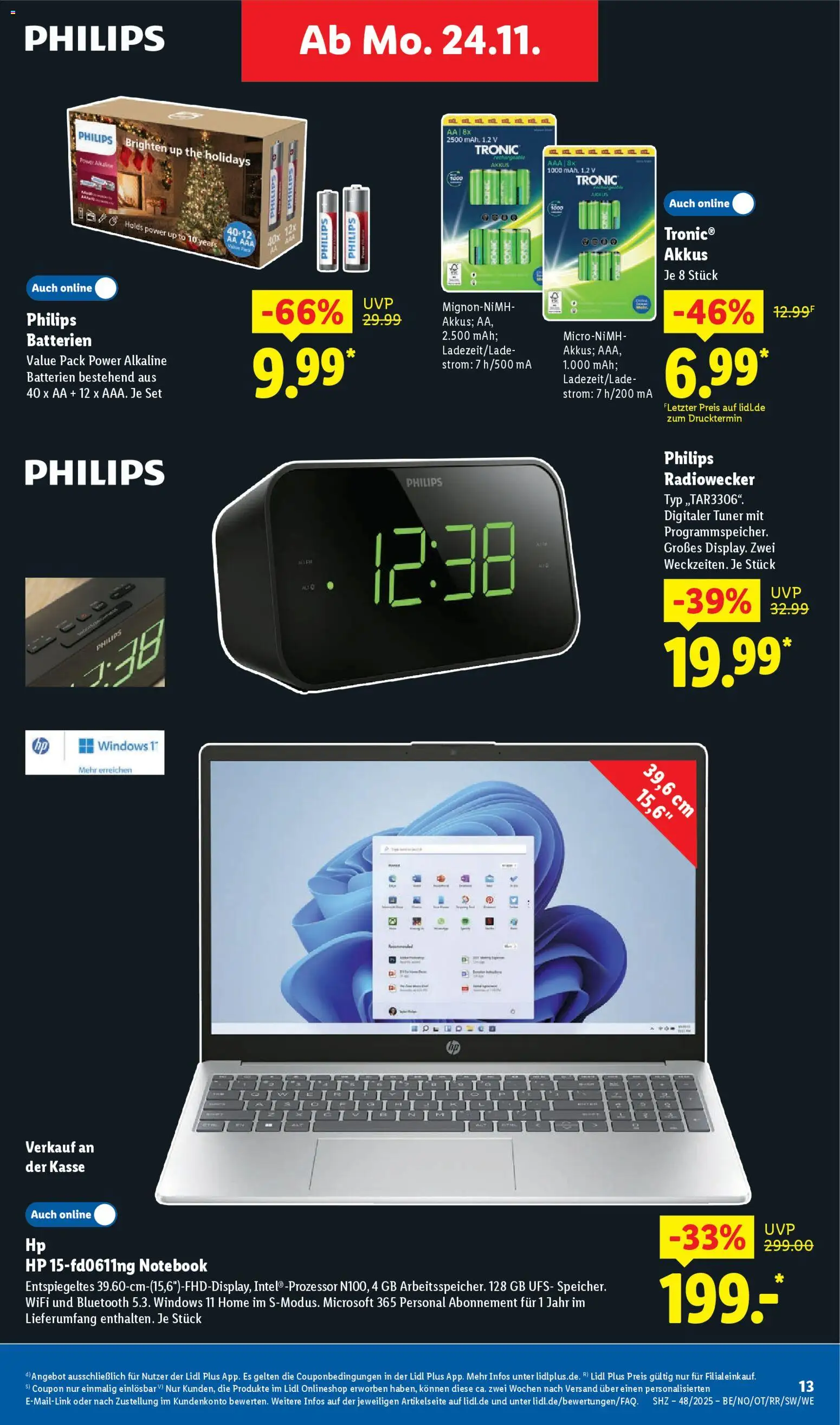Lidl Prospekt Gundelsheim – gültig ab 24.11.2025 | Seite: 13 | Produkte: HP, Philips, Batterien, Radiowecker