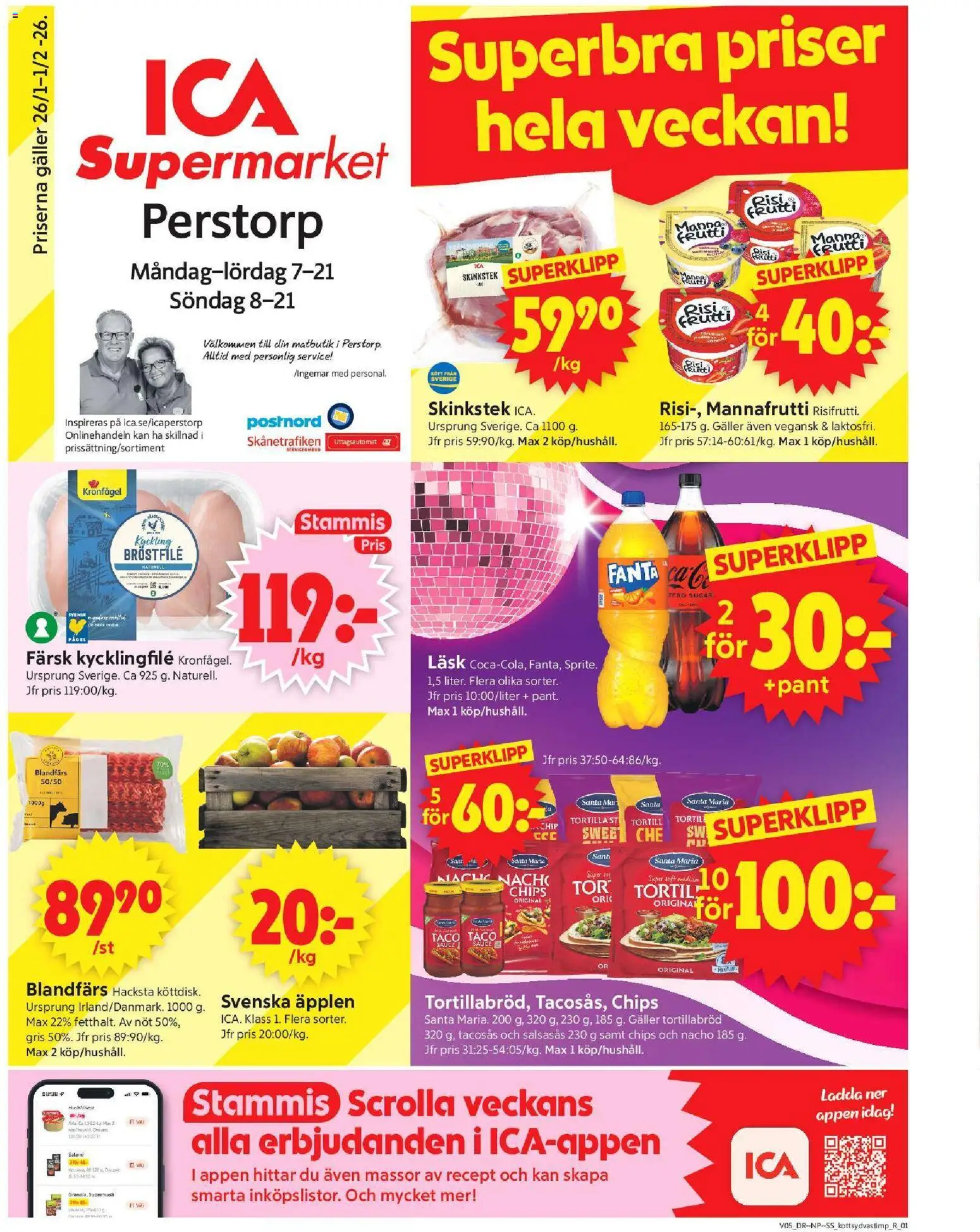 ICA Supermarket reklamblad aktuell från 26.01.2026 | Sida: 1 | Produkter: Tacosås, Galler, Blandfärs, Salami