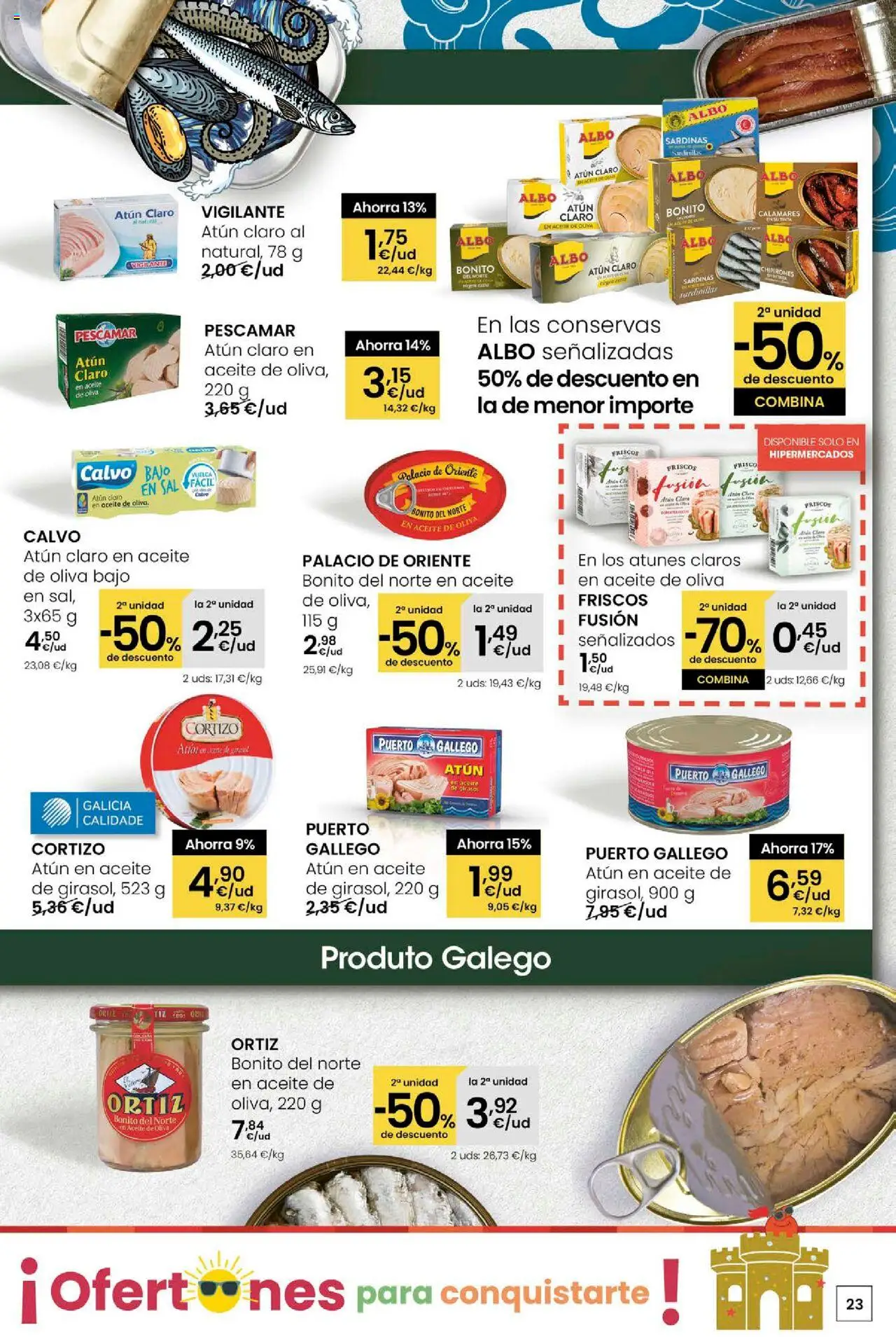 Eroski - Ofertons para conquistarte │ válido desde el 31.07.2025 | Página: 23 | Productos: Calamares, Aceite de oliva, Cuna, Atún claro