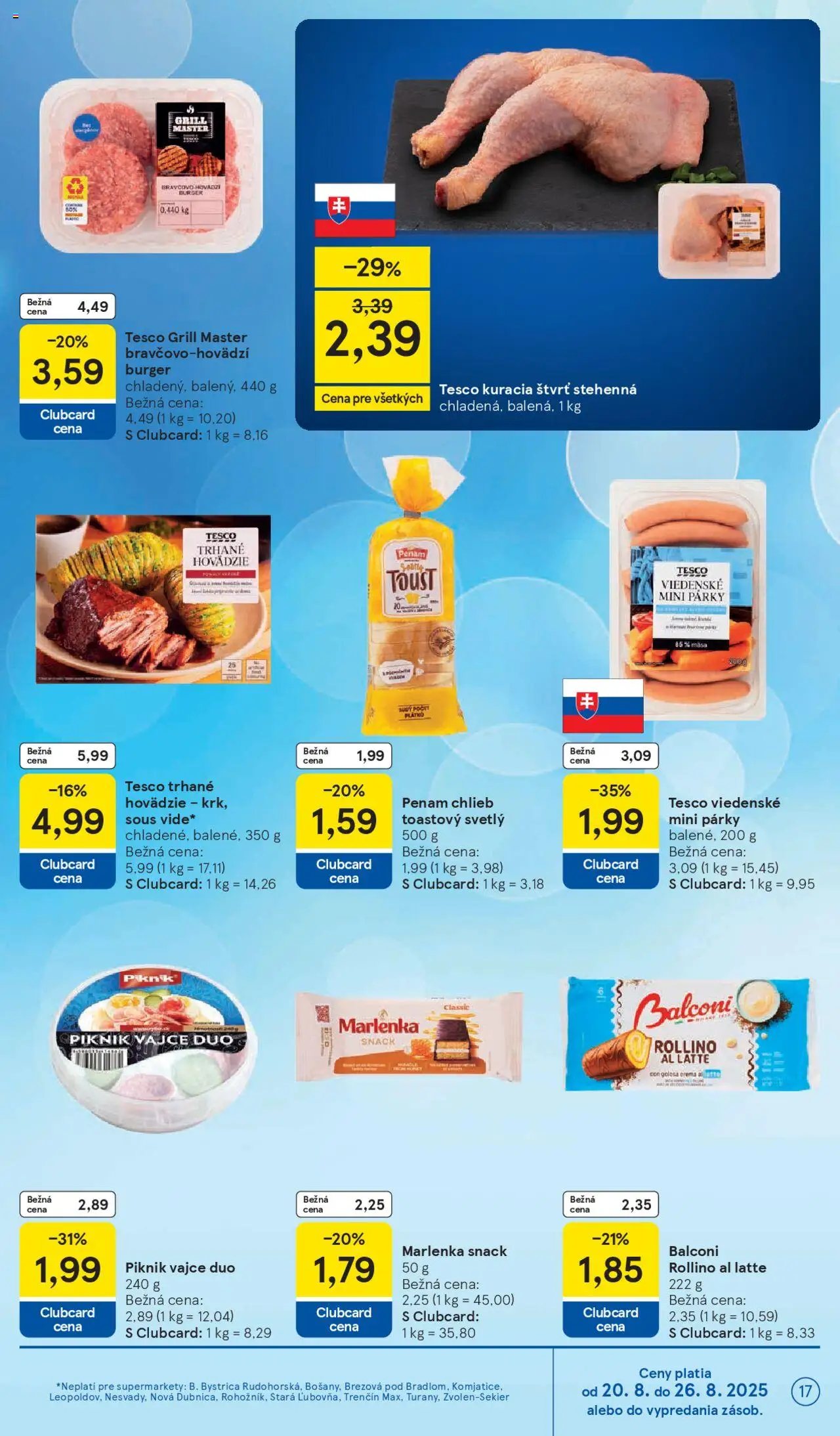 Tesco Supermarket - leták │ platný od 20.08.2025 | Strana: 17 | Produkty: Chlieb, Marlenka, Párky