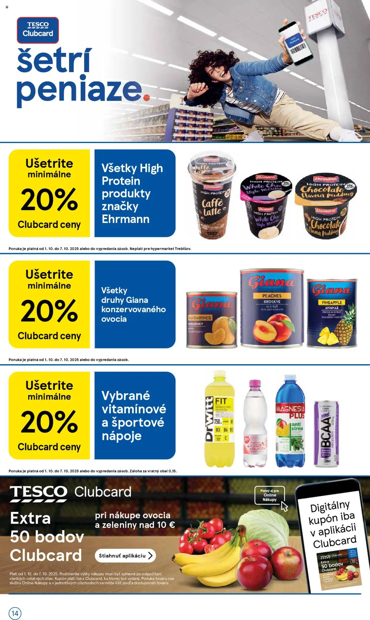 Nové Tesco akcie – leták je platný od 01.10.2025 | Strana: 14 | Produkty: Protein, Magnesia, Ananás, Voda
