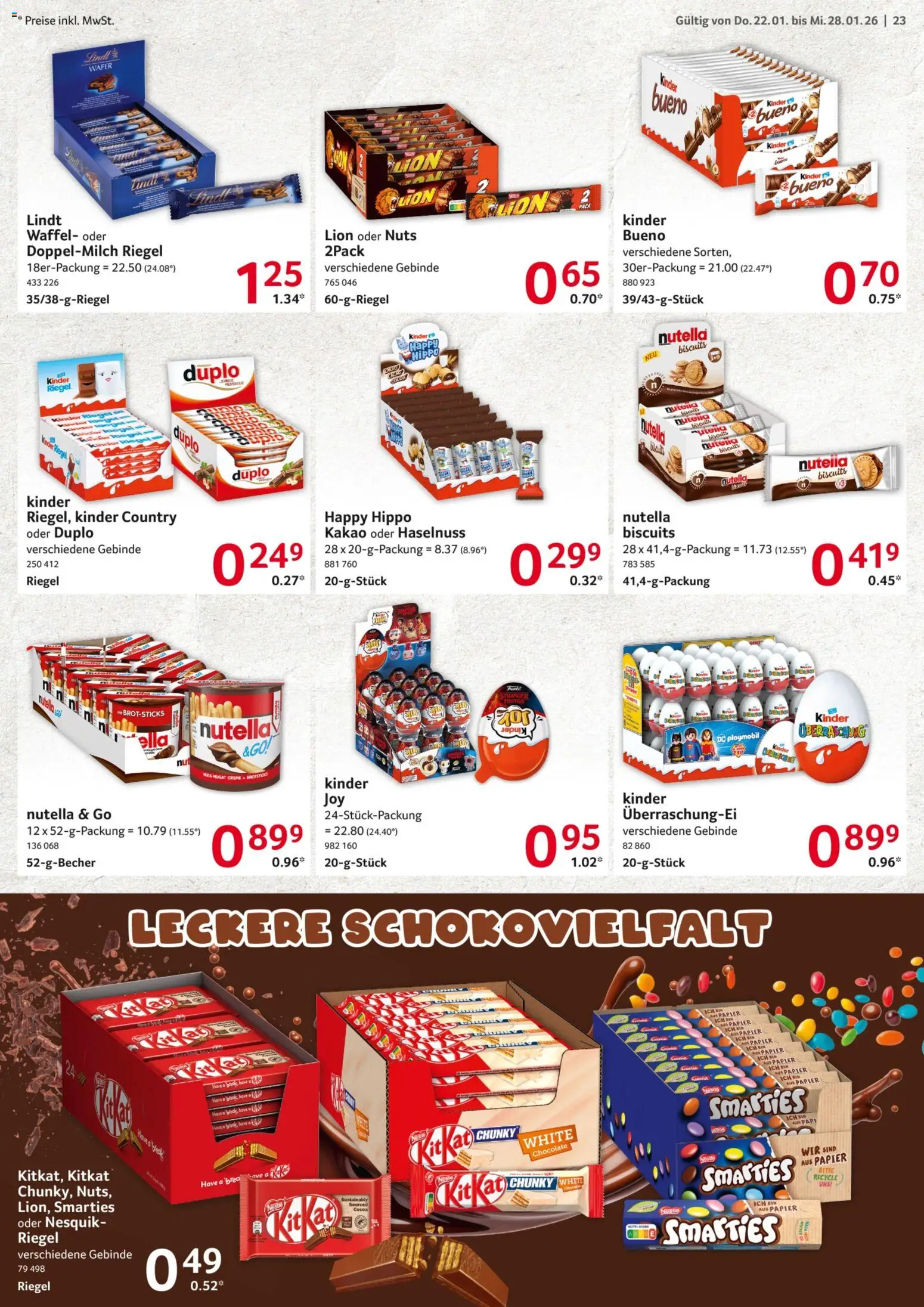 Selgros Prospekt 	 – gültig ab 22.01.2026 | Seite: 23 | Produkte: Smarties, Kinder riegel, Nutella, Kinder country