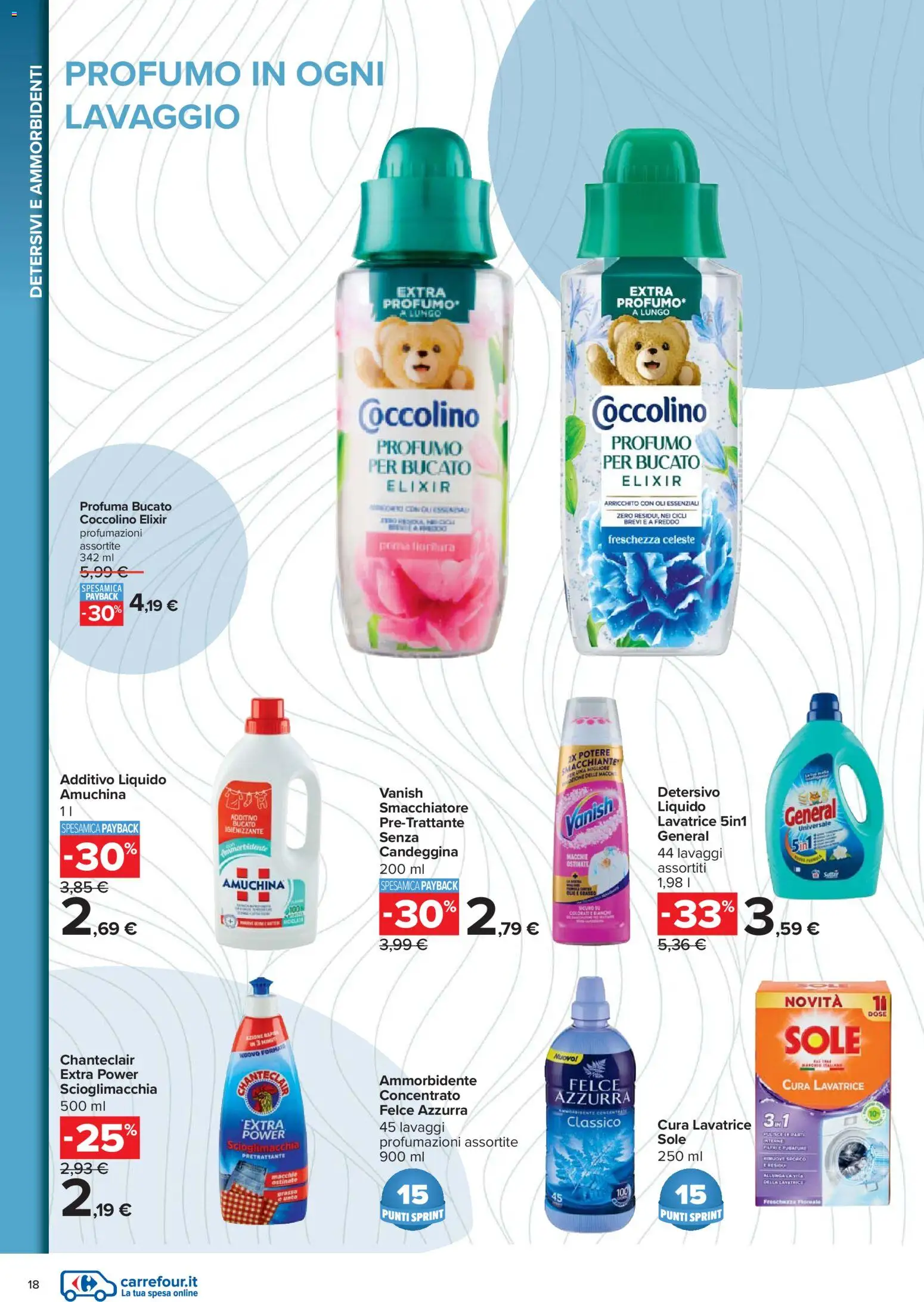 Volantino Carrefour del 07.11.2025 | Pagina: 18 | Prodotti: Smacchiatore, Candeggina, Lavatrice, Profumo