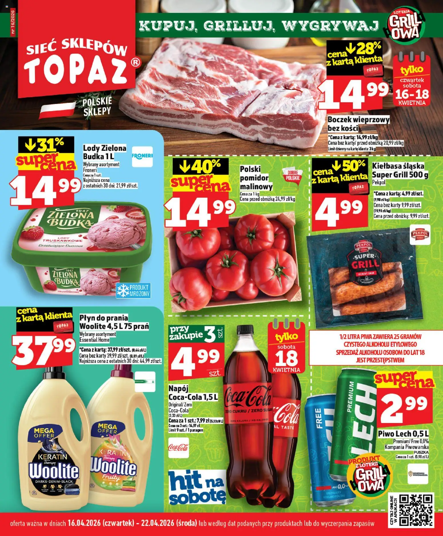 Topaz gazetka - MAZ od 16.04.2026 | Strona: 1 | Produkty: Karta, Grill, Boczek, Lody