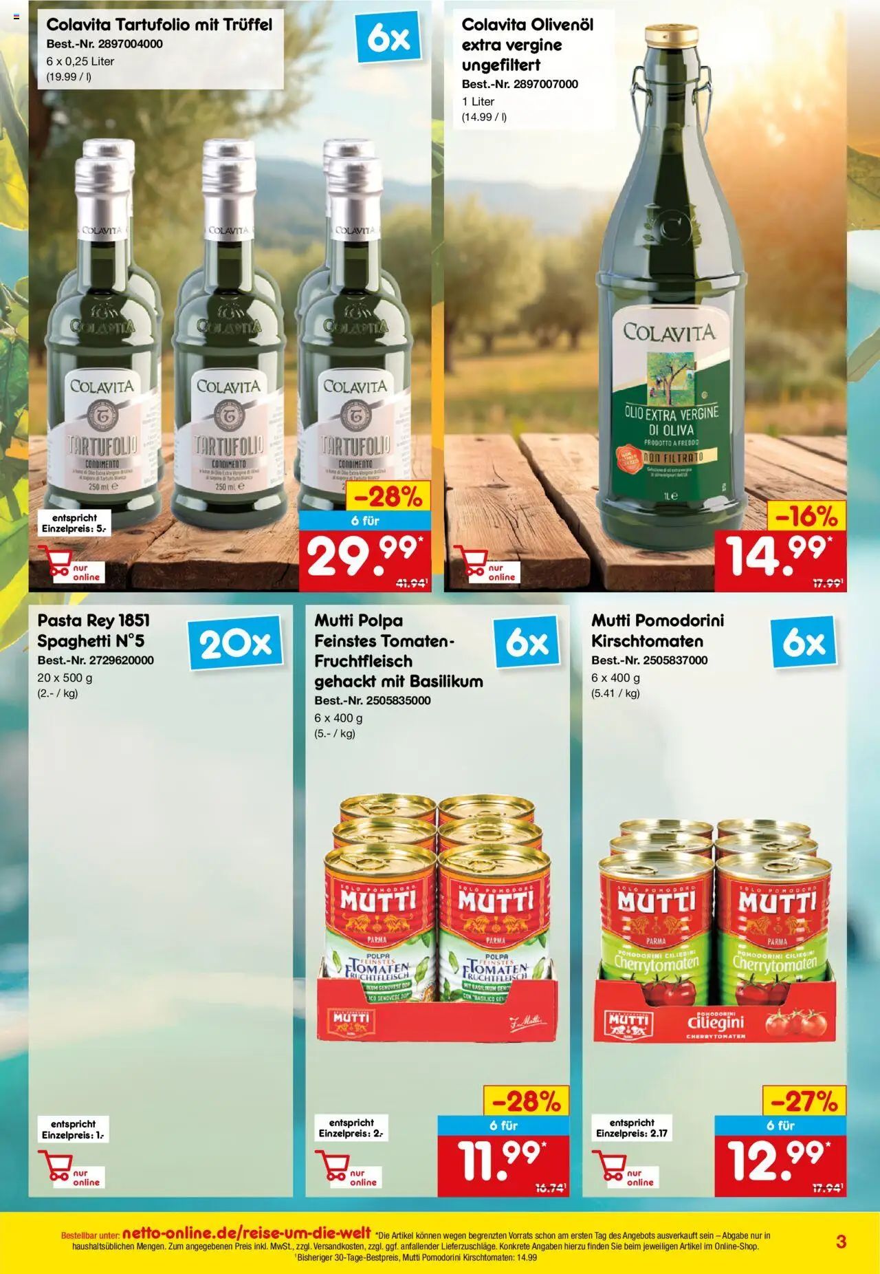 Netto Marken-Discount Online-Sonderangebote Lebensmittel – gültig ab 01.10.2025 | Seite: 3 | Produkte: Olivenol, Tomaten, Pasta