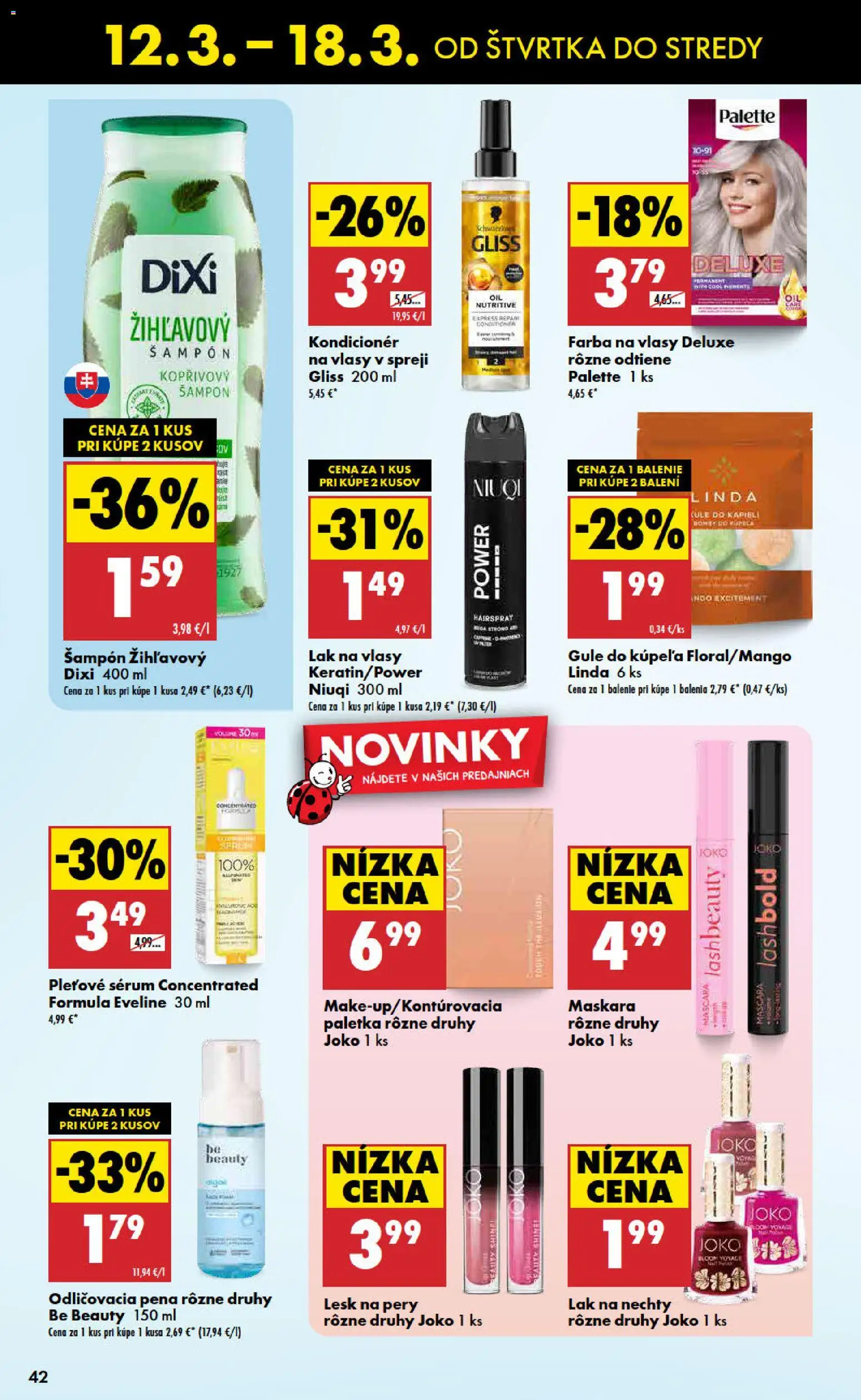 Nové Biedronka akcie – leták je platný od 12.03.2026 | Strana: 42 | Produkty: Šampón, Kondicionér, Lak na vlasy, Farba na vlasy