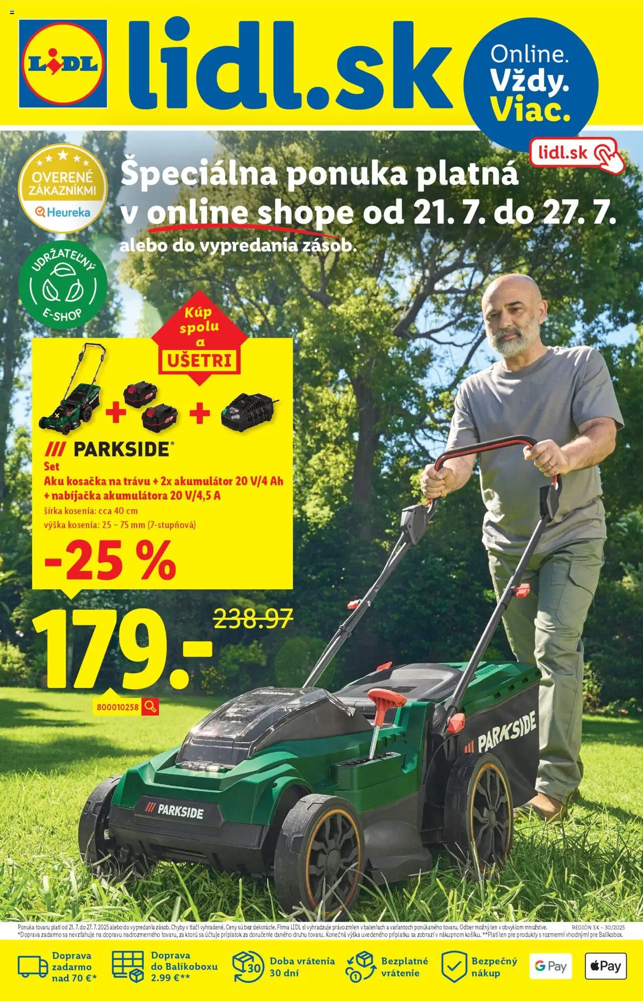 Lidl online magazín │ platný od 21.07.2025 | Strana: 1 | Produkty: Aku kosačka, Kosačka, Nabíjačka, Aku