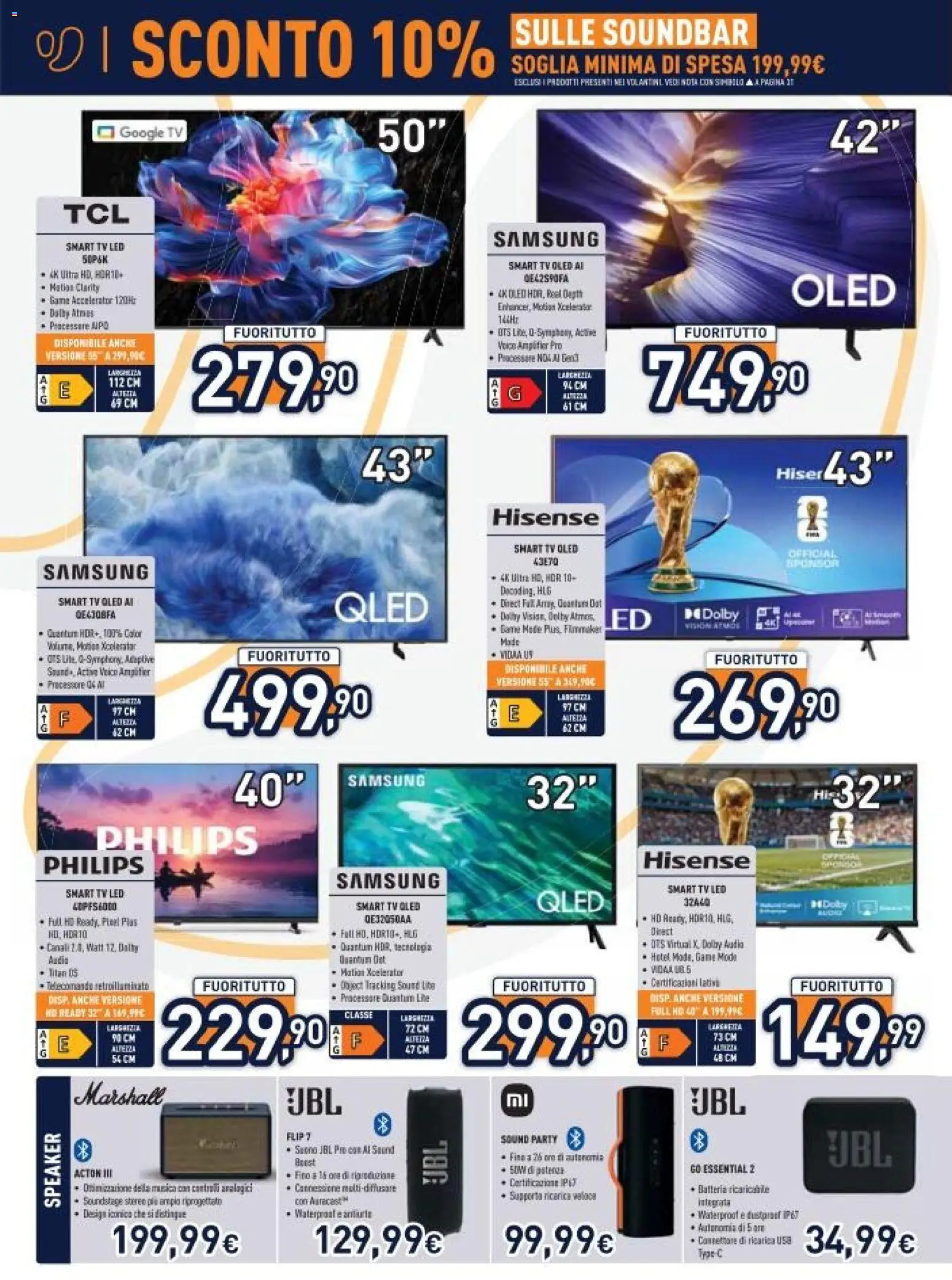 Volantino Unieuro del 16.01.2026 | Pagina: 4 | Prodotti: smart TV, Soundbar, TV, Speaker