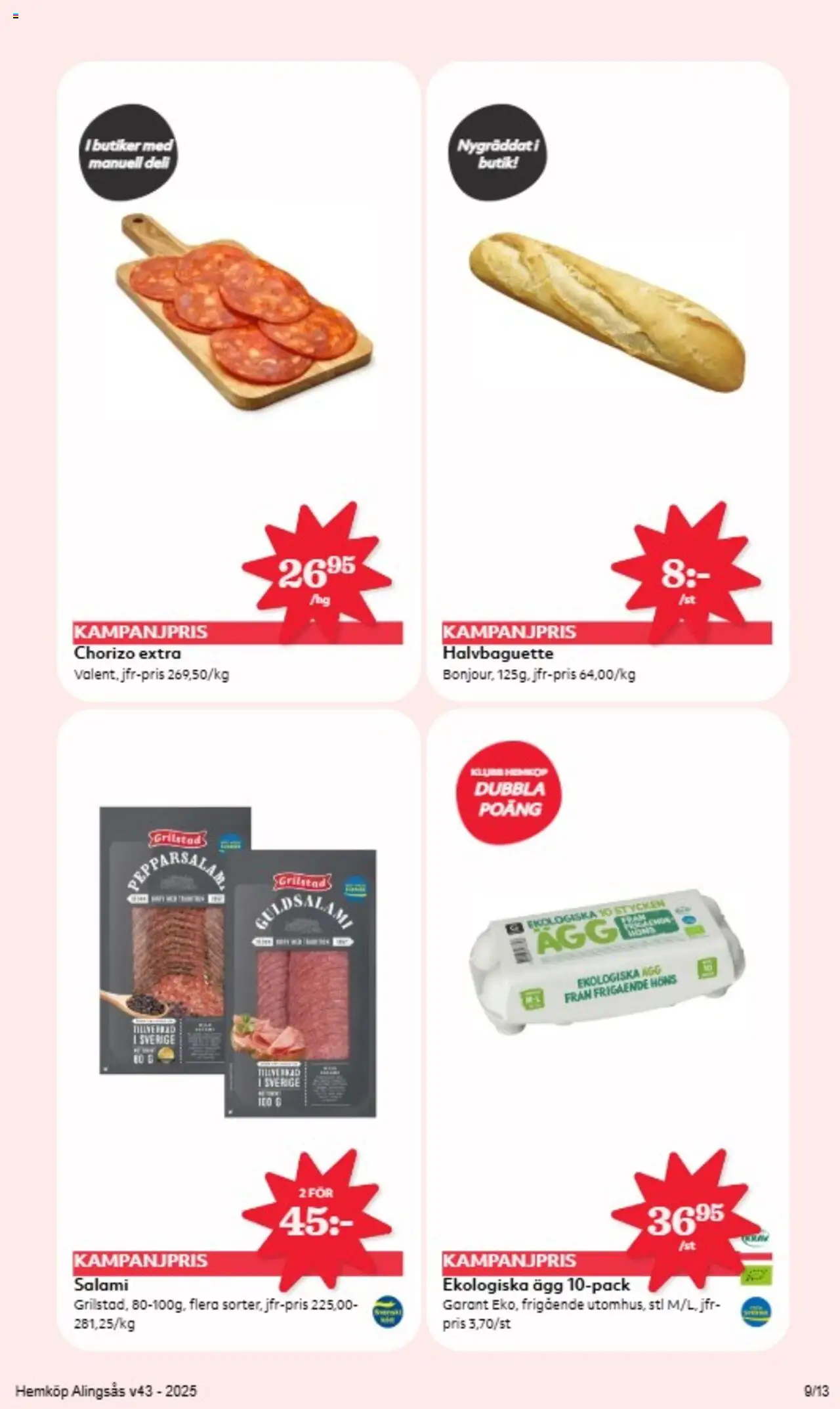 Hemköp reklamblad aktuell från 20.10.2025 | Sida: 9 | Produkter: Baguette, Ägg, Salami, Chorizo