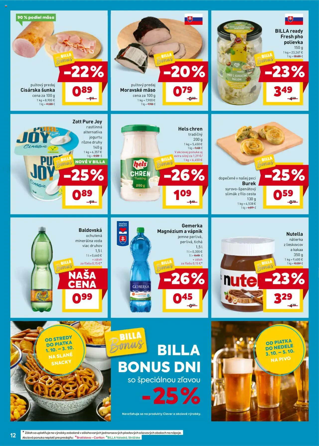 Nové Billa akcie – leták je platný od 01.10.2025 | Strana: 12 | Produkty: Pivo, Šunka, Voda, Minerálna voda