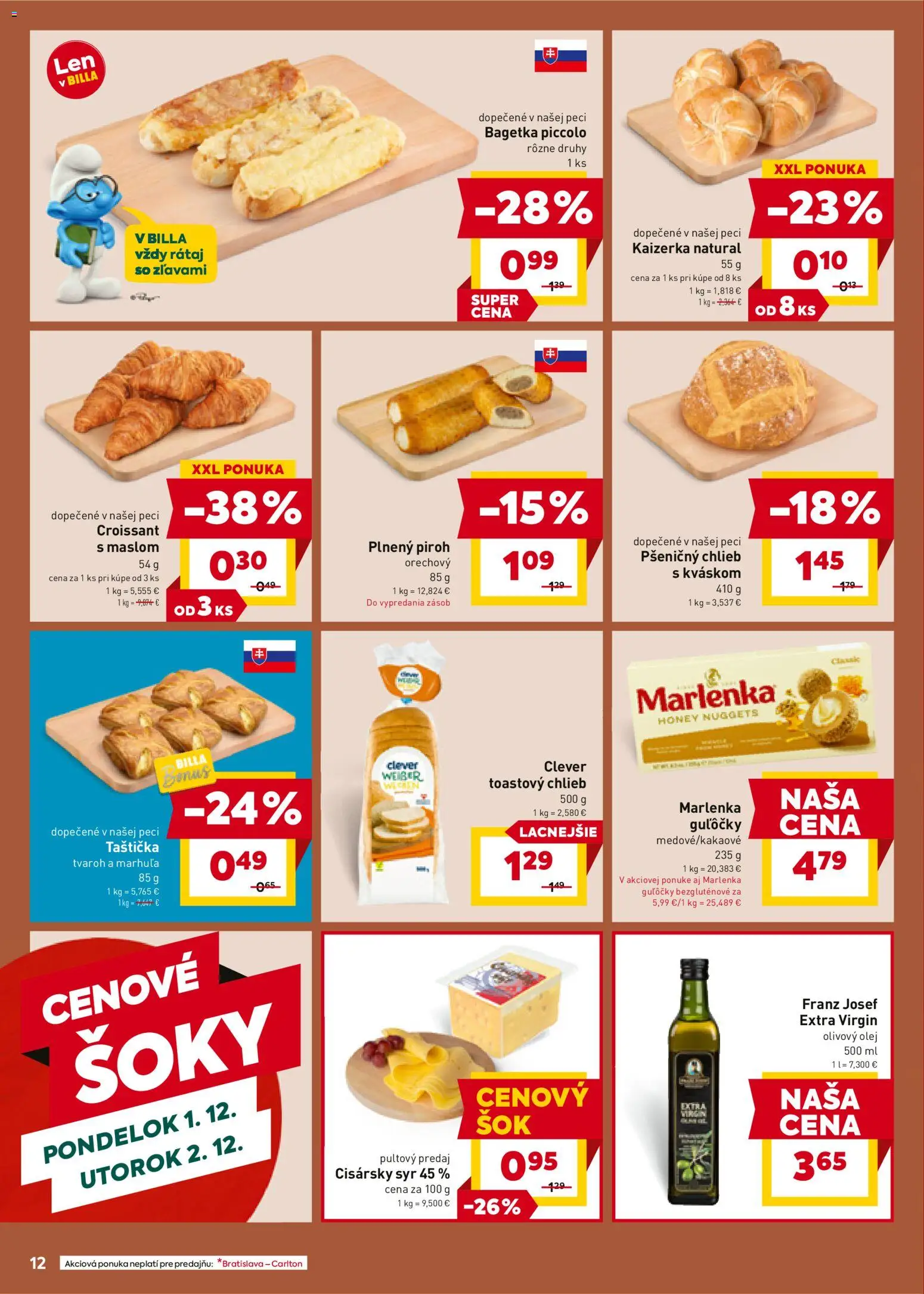 Nové Billa akcie – leták je platný od 26.11.2025 | Strana: 12 | Produkty: Croissant, Marlenka, Tvaroh, Pec