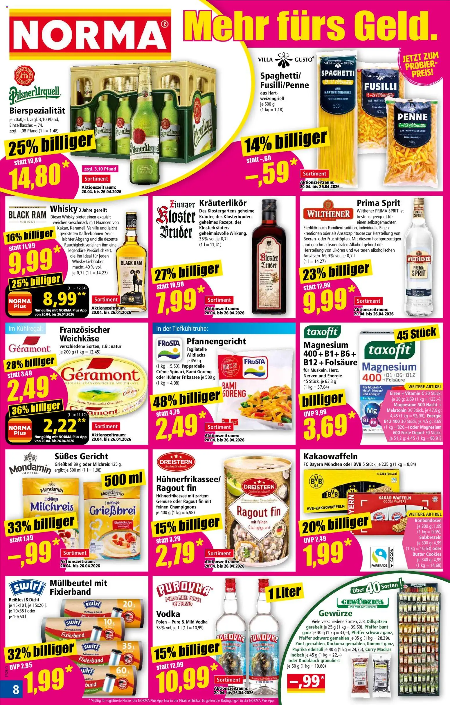 Norma Prospekt – gültig ab 20.04.2026 | Seite: 8 | Produkte: Frosta, Waffeln, Gewürze, Knoblauch