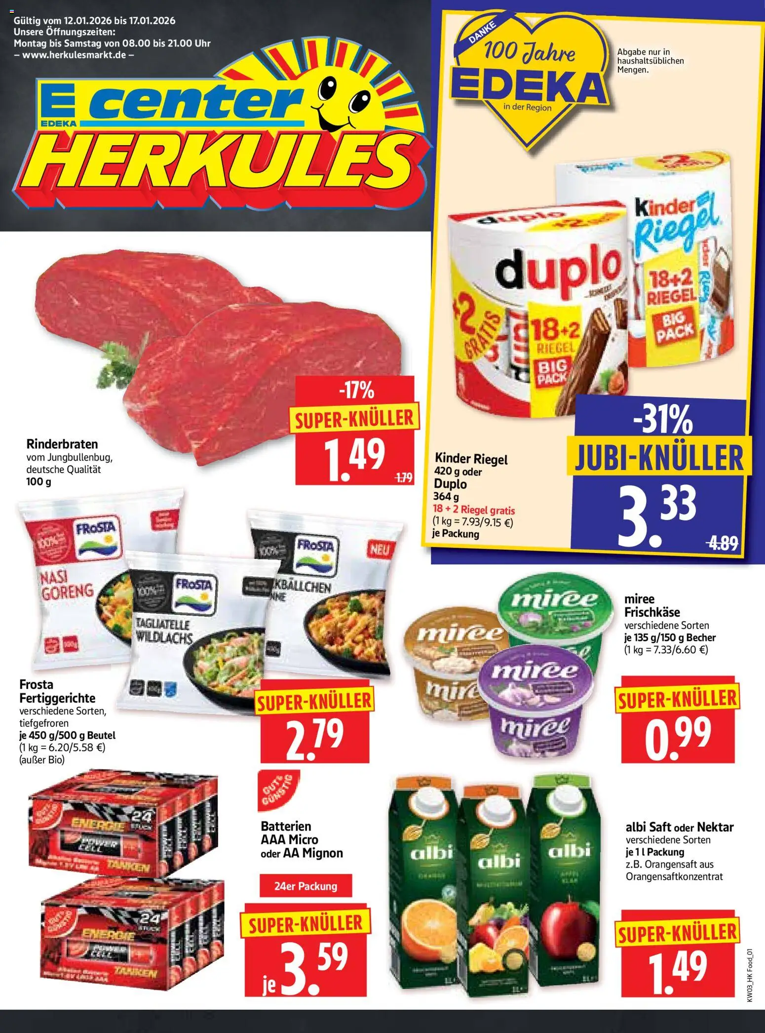 HERKULES Prospekt 	 – gültig ab 12.01.2026 | Seite: 1 | Produkte: Rinderbraten, Kinder riegel, Uhr, Frischkase